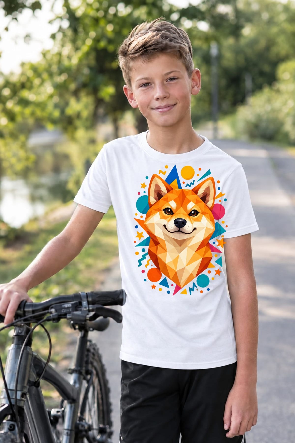 Koszulka z shiba inu dla chłopca biała geometryczne kształty, zdjęcie 7