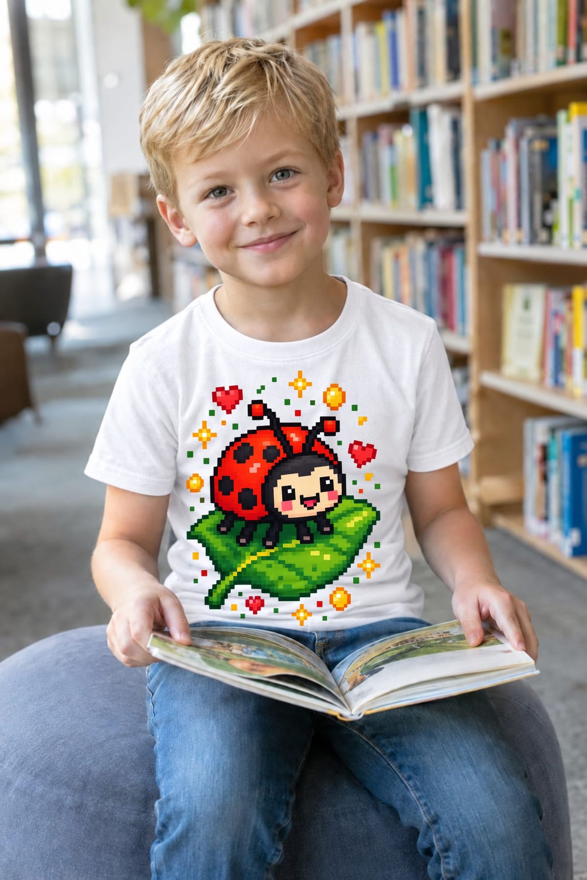Koszulka z biedronką dla chłopca biała pixel art dla dzieci, zdjęcie 3