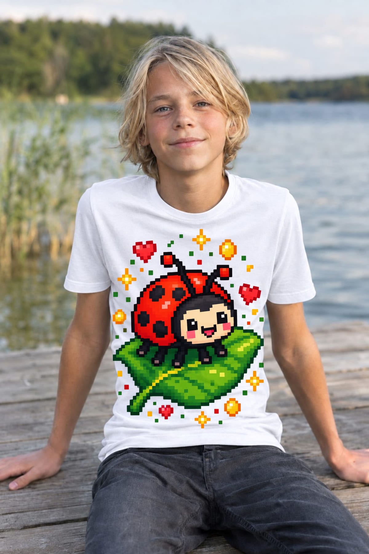 Koszulka z biedronką dla chłopca biała pixel art dla dzieci, zdjęcie 6