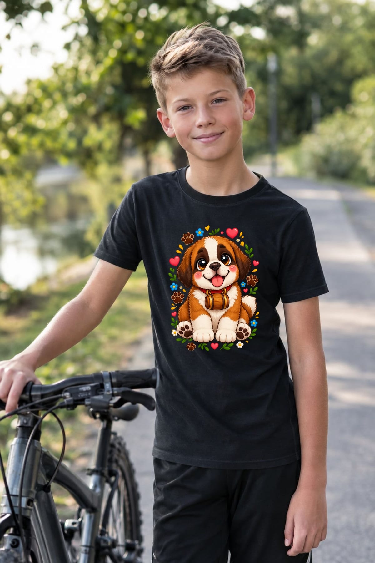 Koszulka z bernardynem dla chłopca czarna słodki kawaii, zdjęcie 4