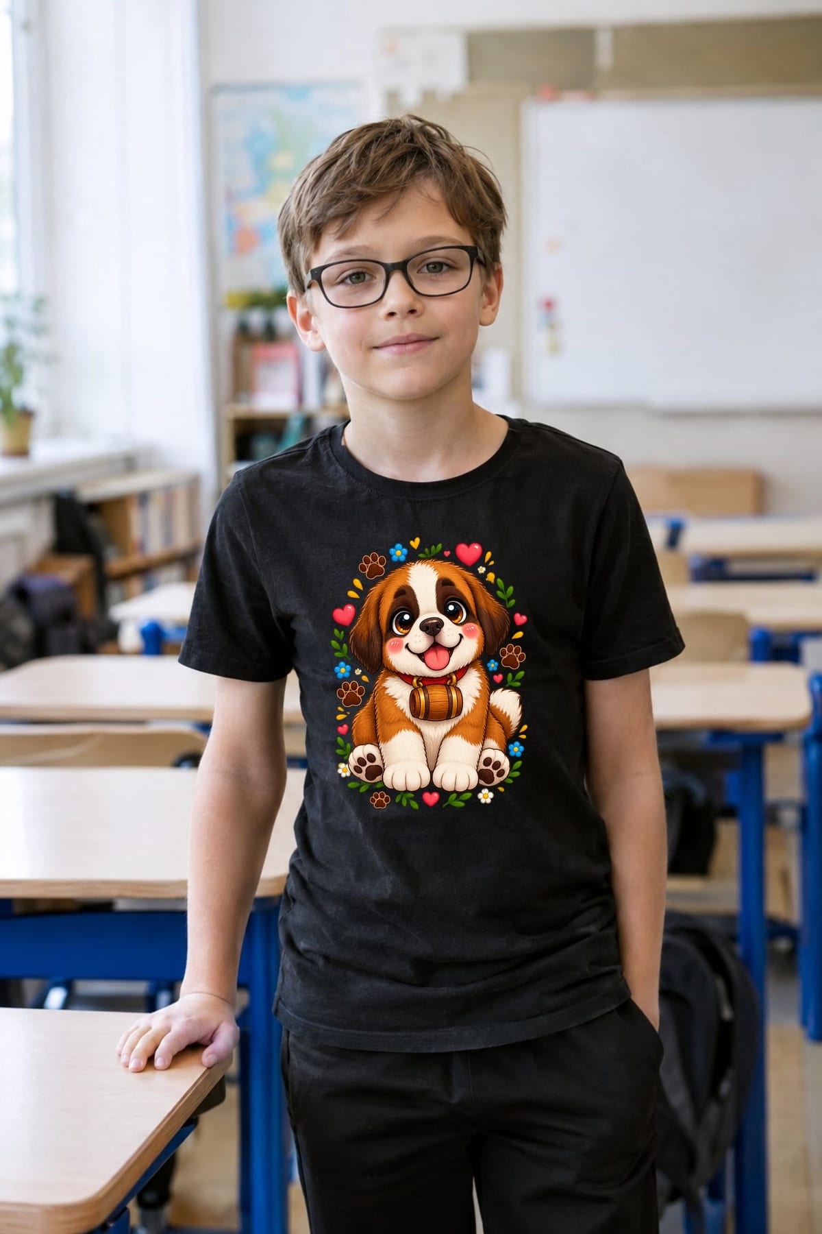 Koszulka z bernardynem dla chłopca czarna słodki kawaii, zdjęcie 8