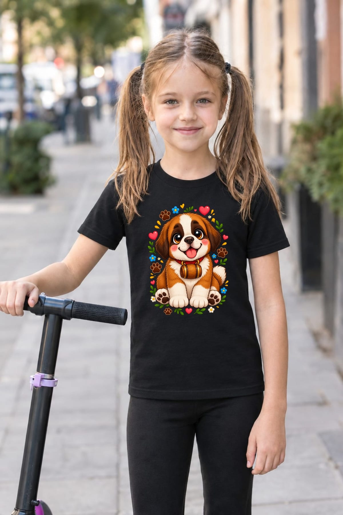 Koszulka z bernardynem dla dziewczynki czarna słodki kawaii, zdjęcie 4