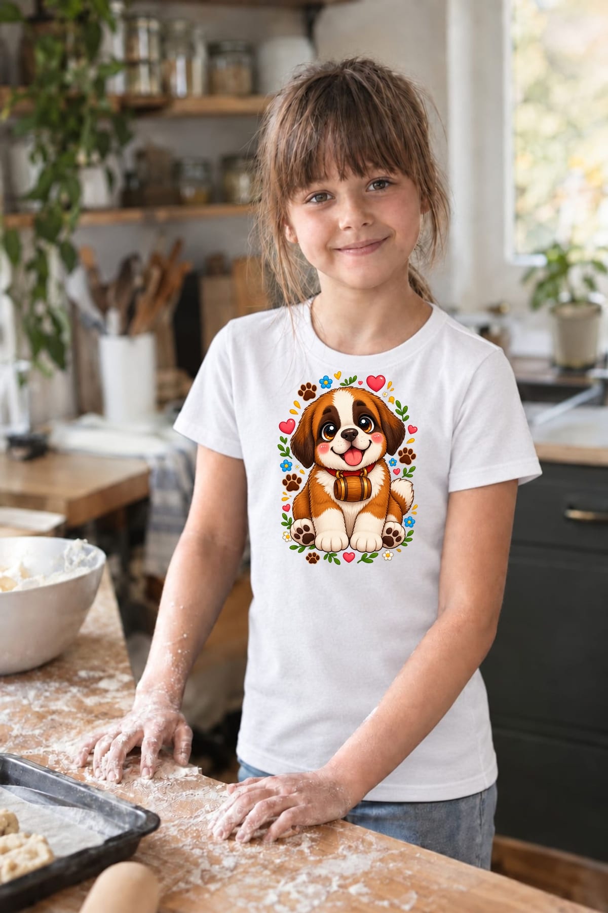 Koszulka z bernardynem dla dziewczynki biała słodki kawaii, zdjęcie 4