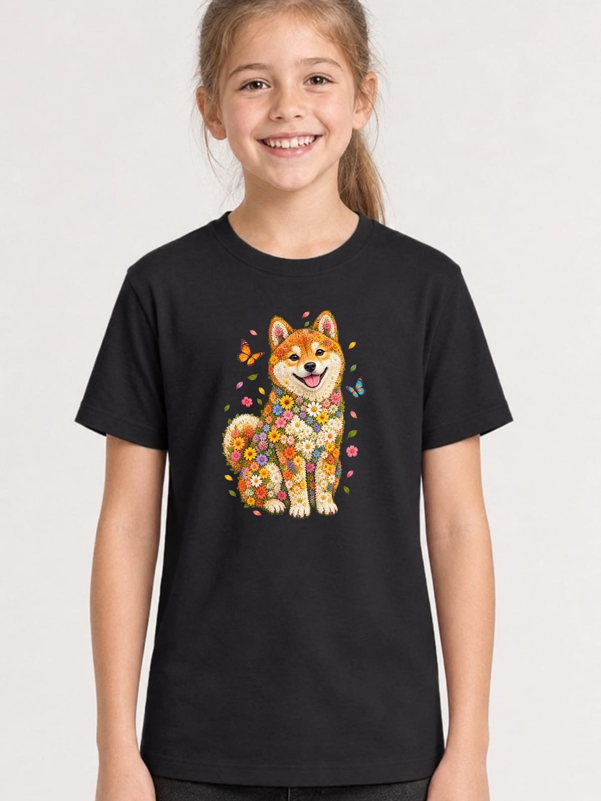 Koszulka z shiba inu dla dziewczynki czarna portret z kwiatów, zdjęcie 1