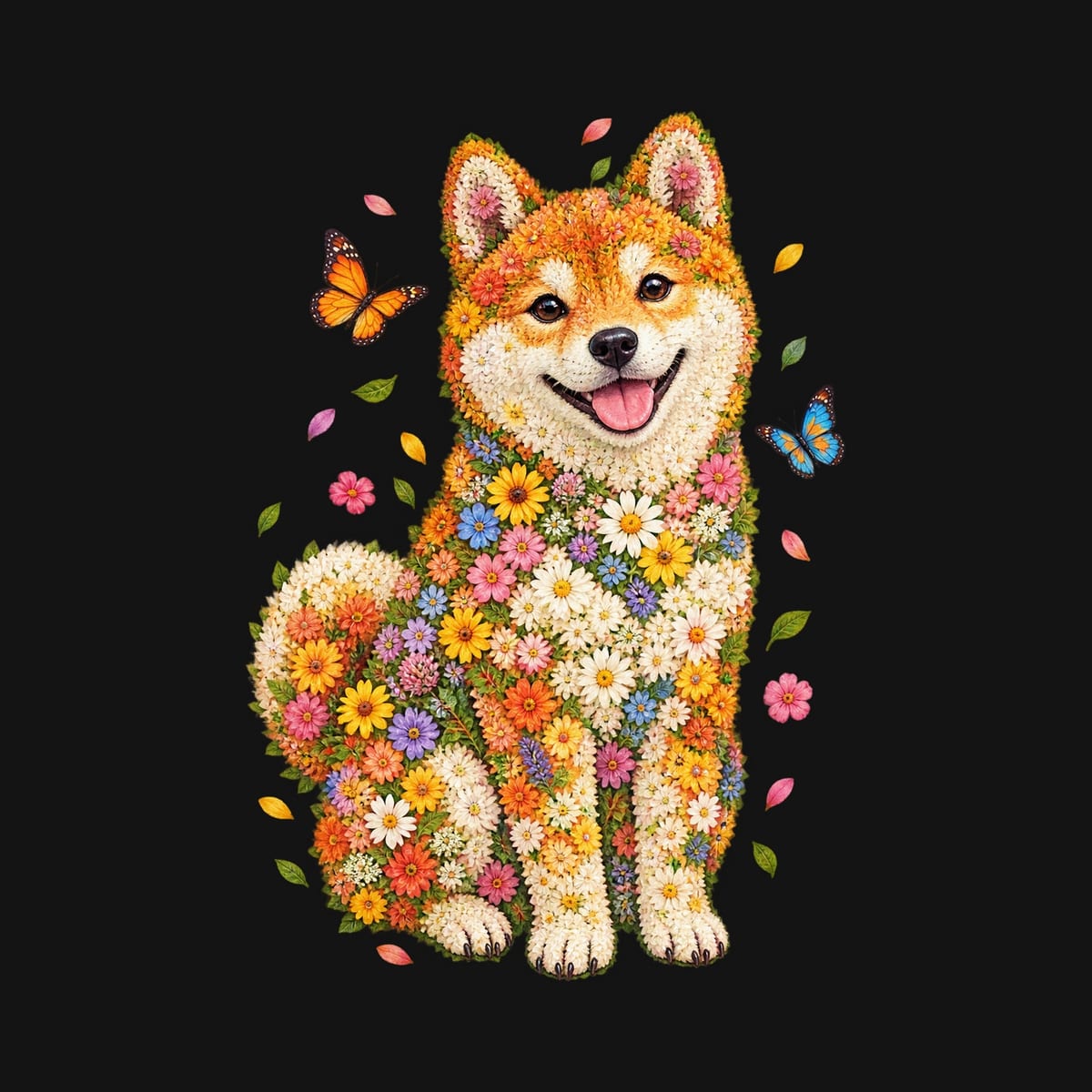 Koszulka z shiba inu dla dziewczynki czarna portret z kwiatów, zdjęcie 2