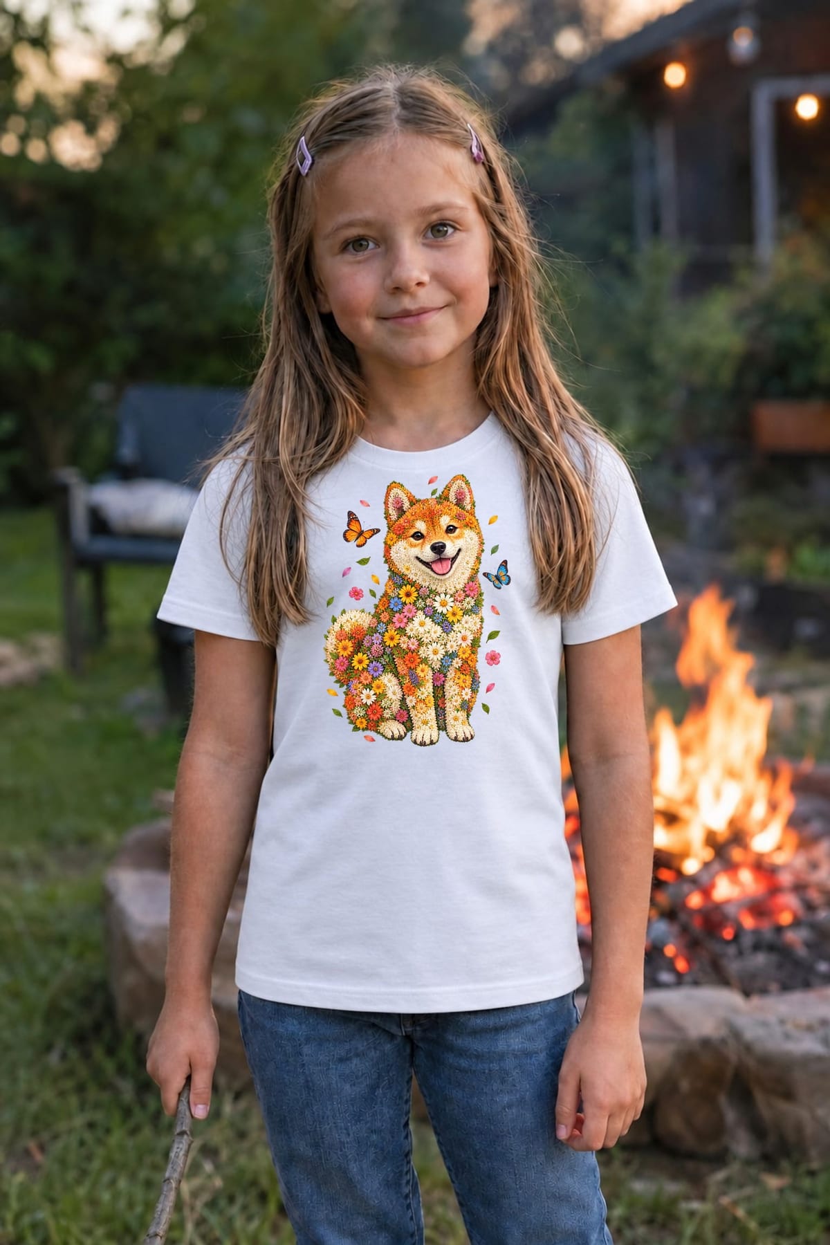 Koszulka z shiba inu dla dziewczynki biała portret z kwiatów, zdjęcie 3