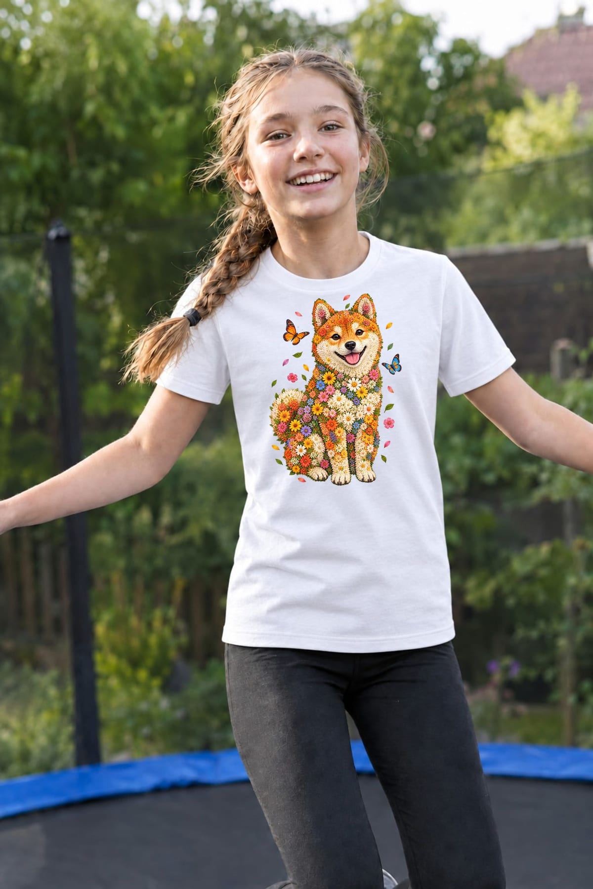 Koszulka z shiba inu dla dziewczynki biała portret z kwiatów, zdjęcie 4
