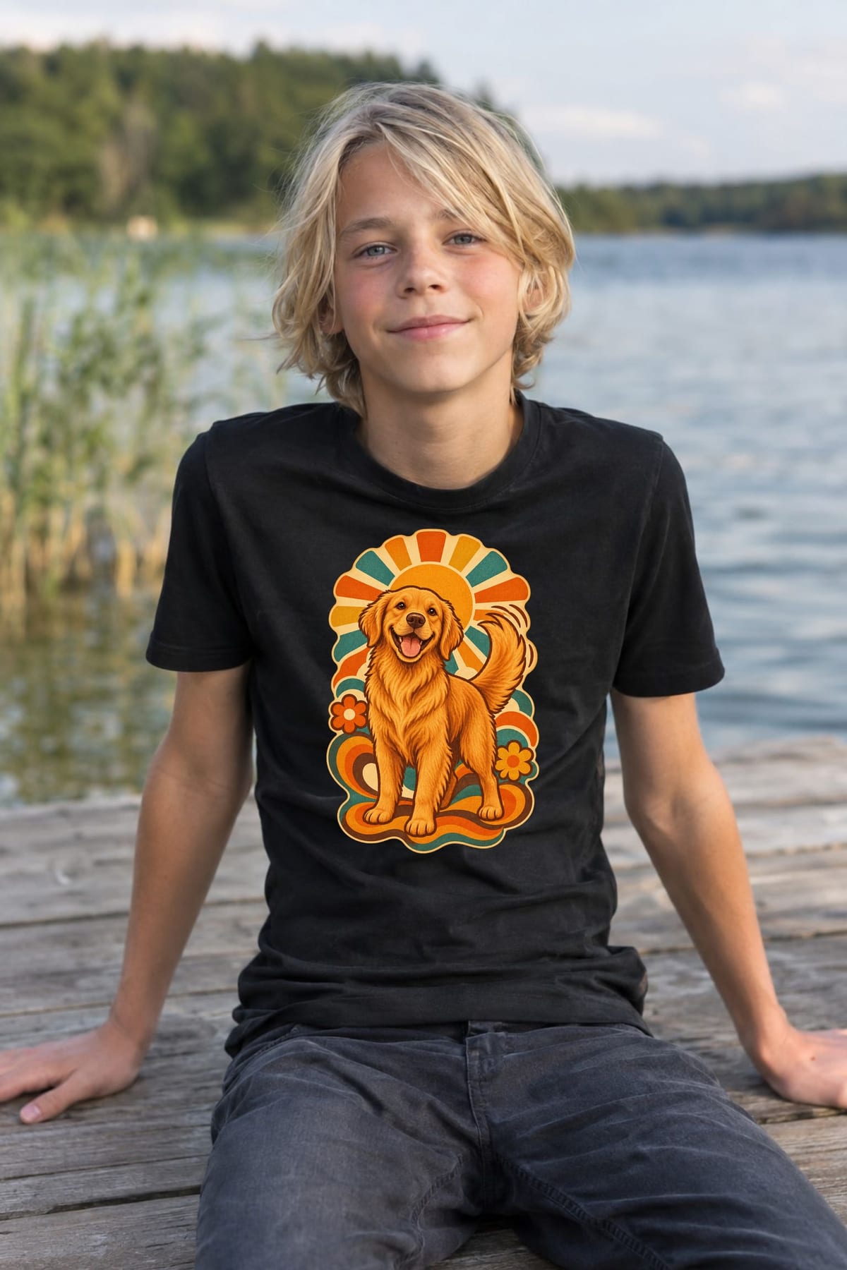 Koszulka z golden retrieverem dla chłopca czarna klimat retro lata 70, zdjęcie 4