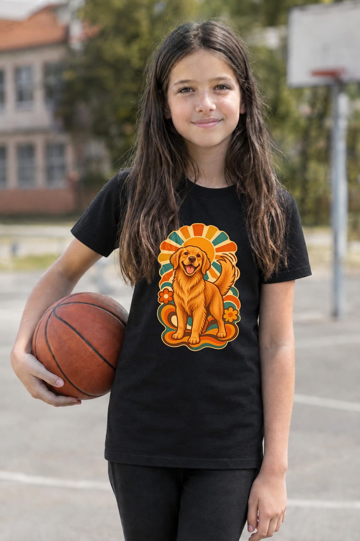 Koszulka z golden retrieverem dla dziewczynki czarna klimat retro, zdjęcie 4