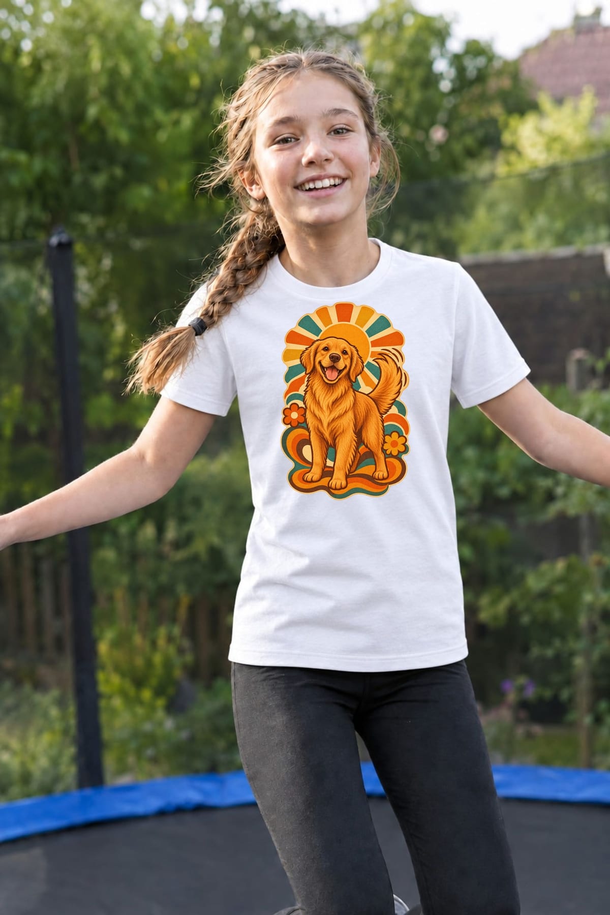 Koszulka z golden retrieverem dla dziewczynki biała klimat retro, zdjęcie 3
