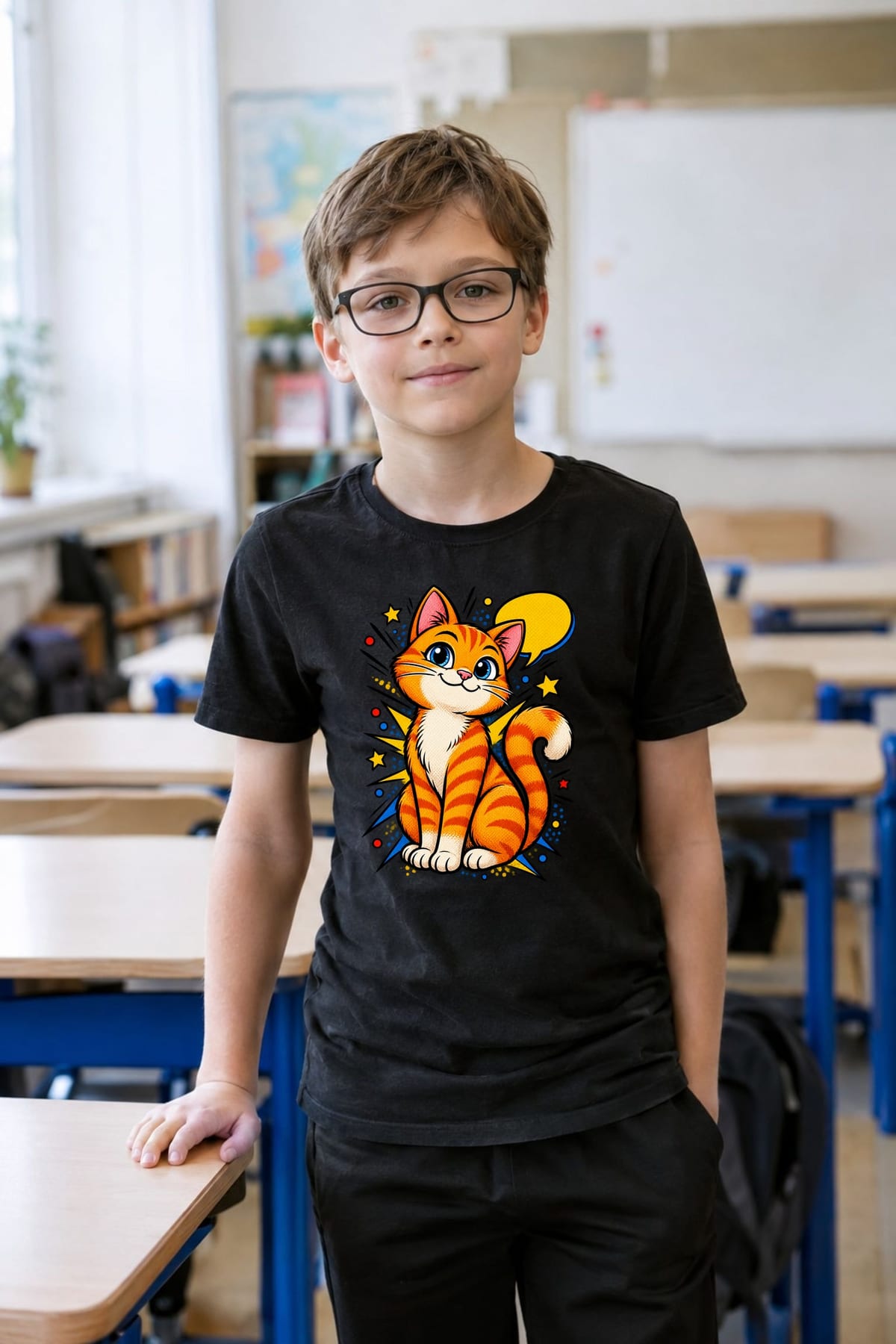 Koszulka z kotami dla chłopca czarna komiksowa kreska z dymkiem, zdjęcie 3