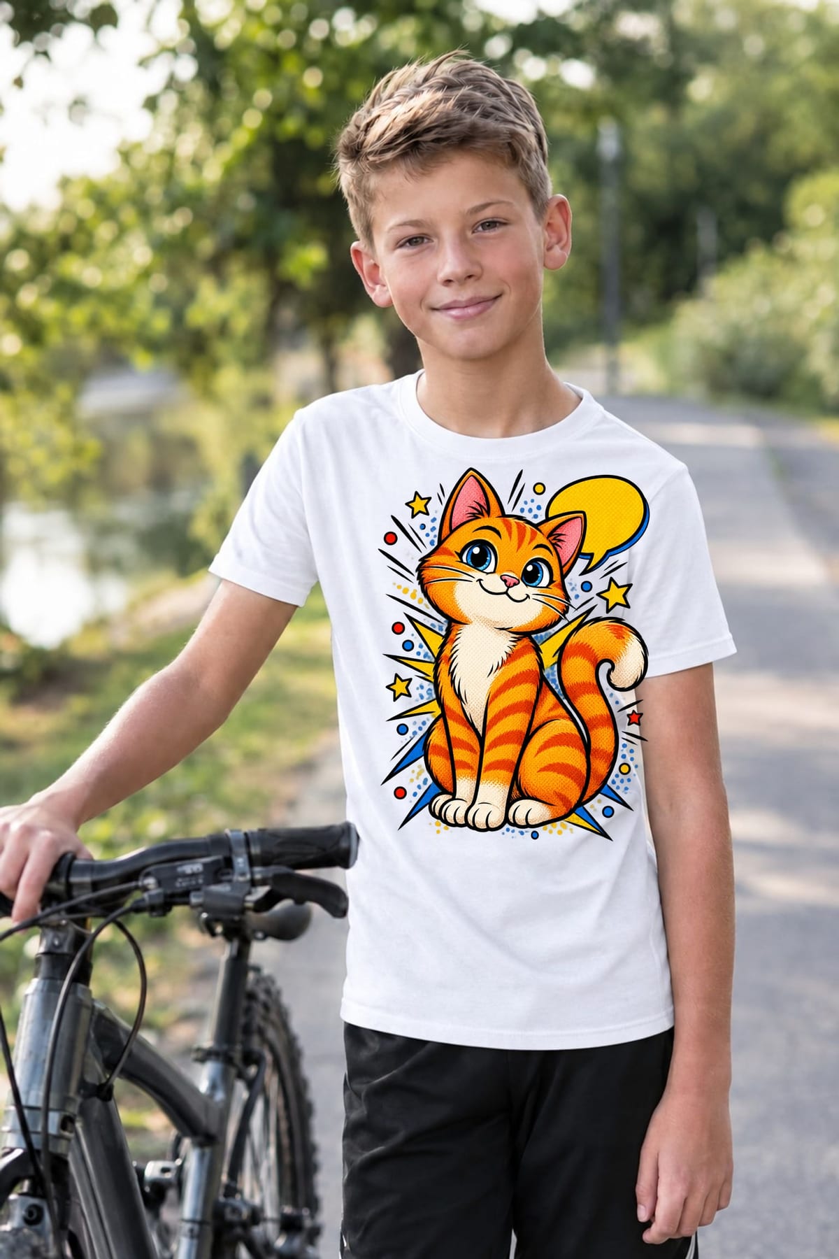 Koszulka z kotami dla chłopca biała komiksowa kreska z dymkiem, zdjęcie 8