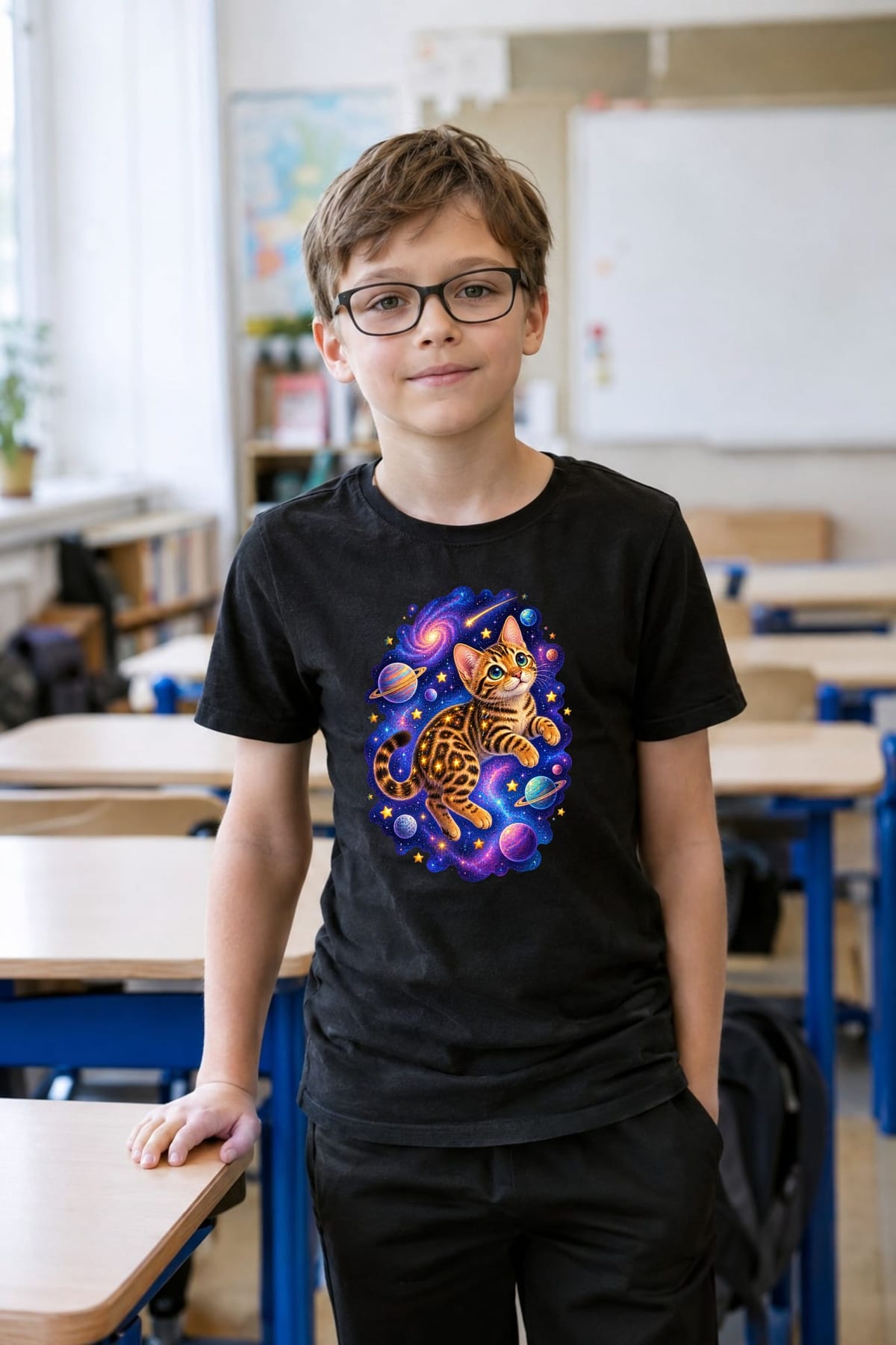 Koszulka z kotem bengalskim kosmicznym dla chłopca czarna, zdjęcie 3