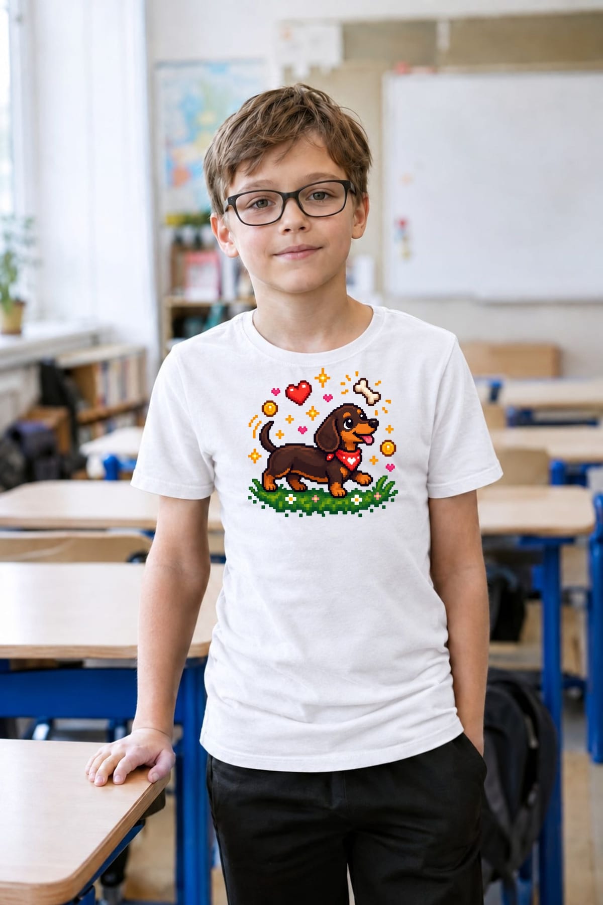 Koszulka dla chłopca z jamnikiem biała pixel art dla dzieci, zdjęcie 5
