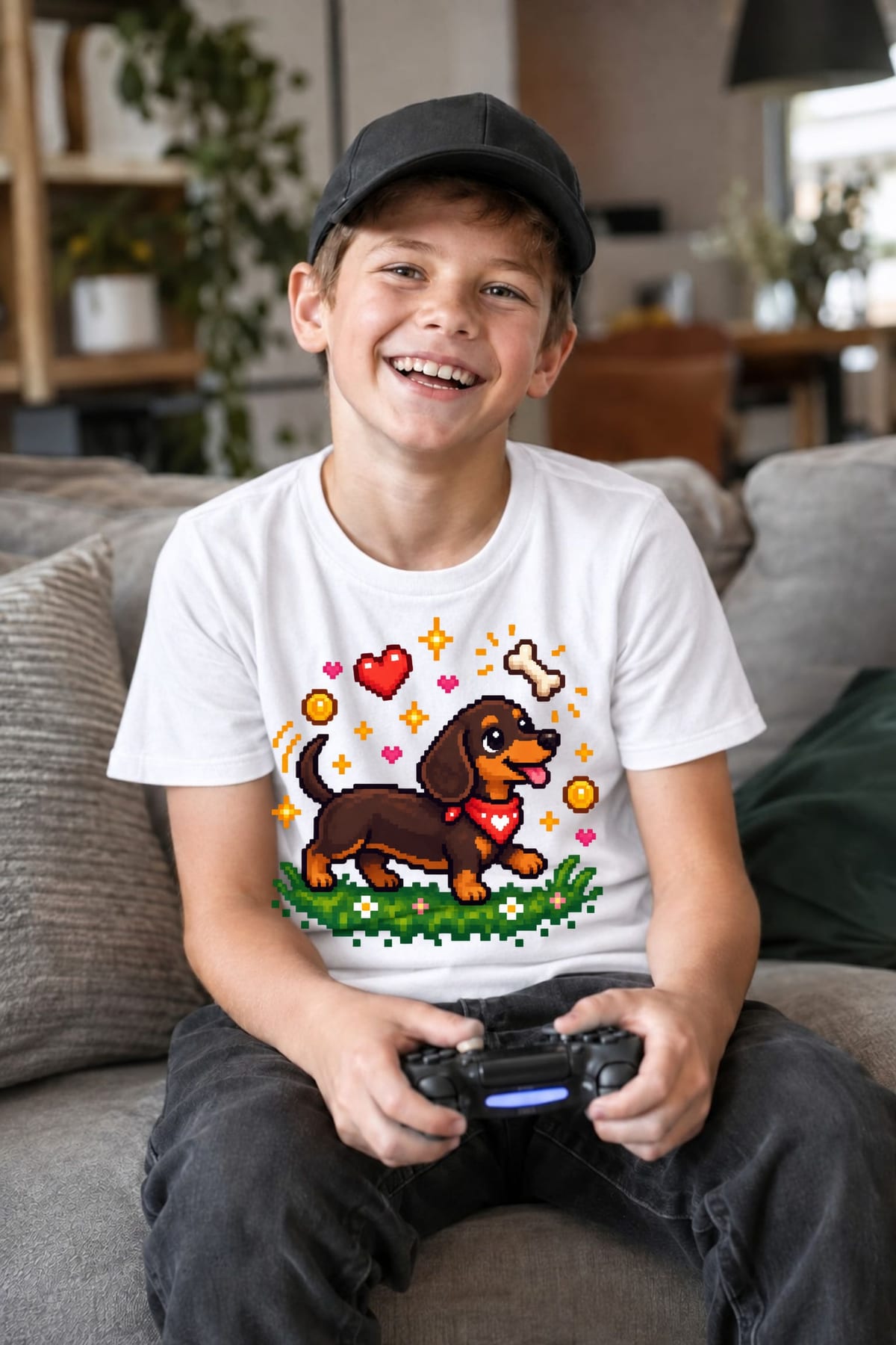 Koszulka dla chłopca z jamnikiem biała pixel art dla dzieci, zdjęcie 7