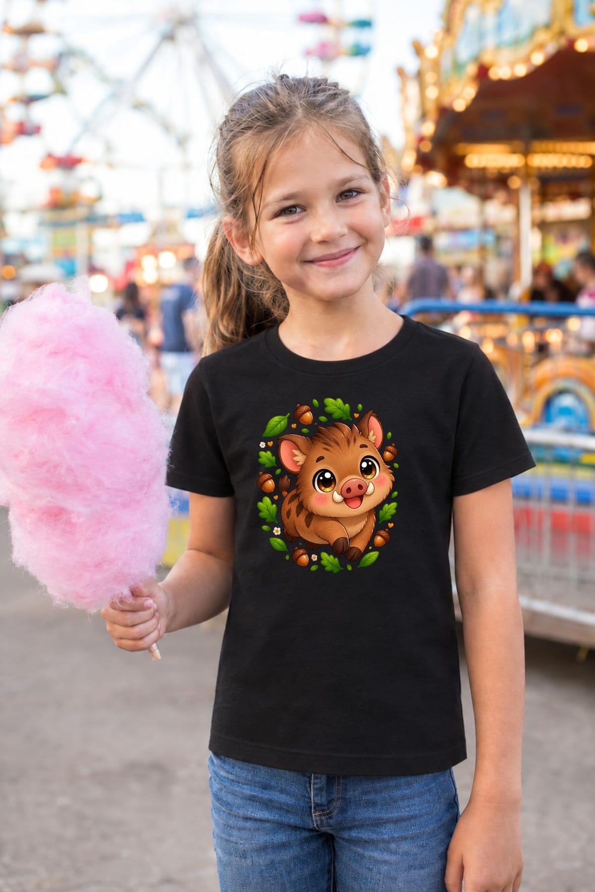 Koszulka z dzikiem dla dziewczynki czarna słodki kawaii, zdjęcie 5