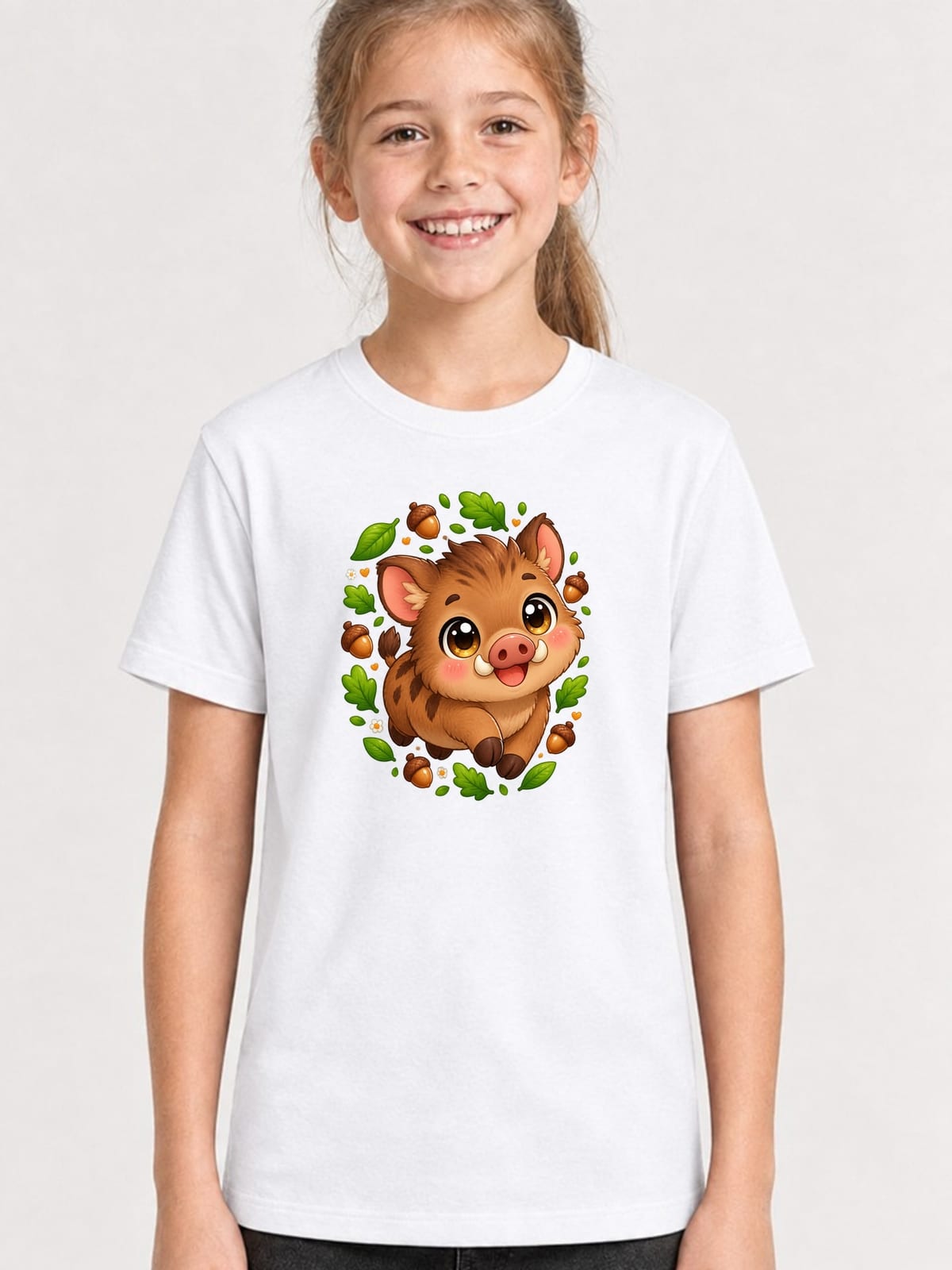 Koszulka z dzikiem dla dziewczynki biała słodki kawaii, zdjęcie 1