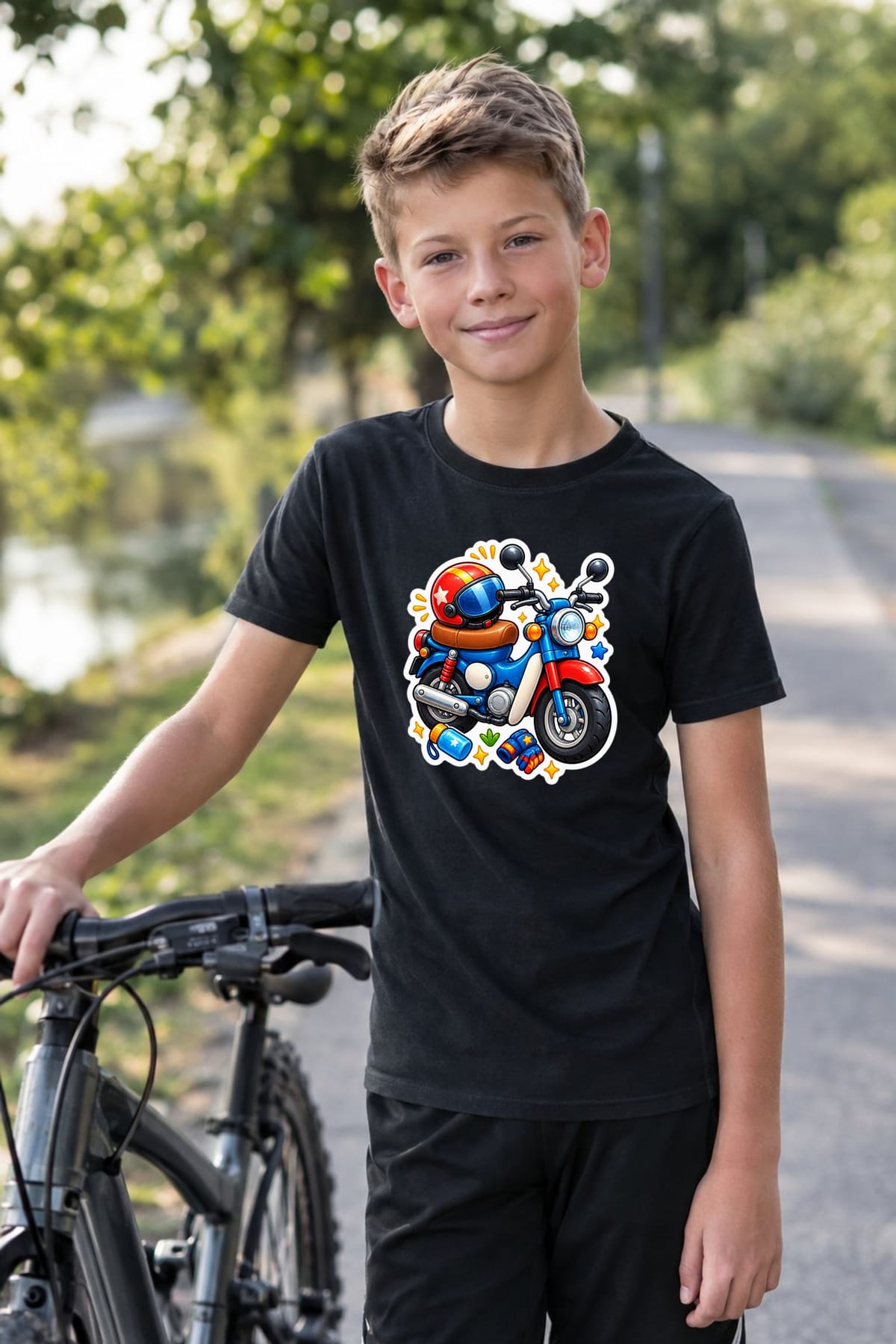Koszulka z motorem dla dzieci dla chłopca czarna efekt naklejki, zdjęcie 6