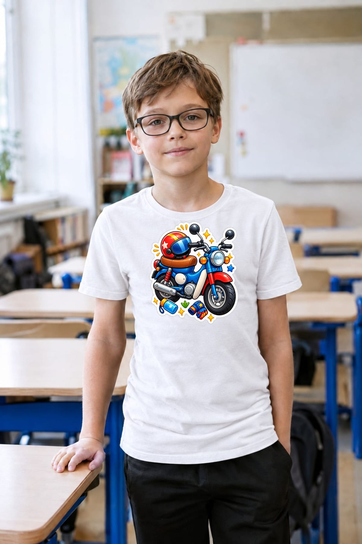 Koszulka z motorem dla dzieci dla chłopca biała efekt naklejki, zdjęcie 5