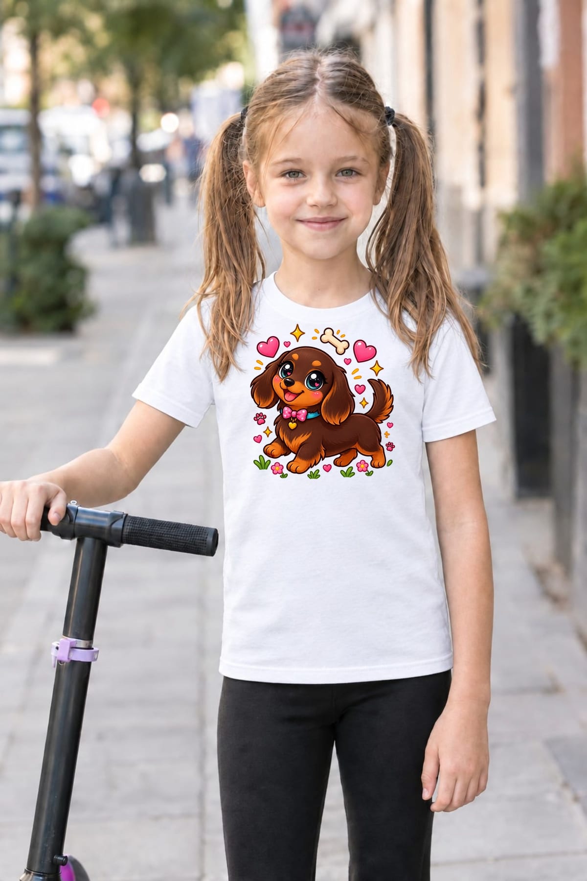 Koszulka z jamnikiem dla dziewczynki biała słodki styl kawaii, zdjęcie 3