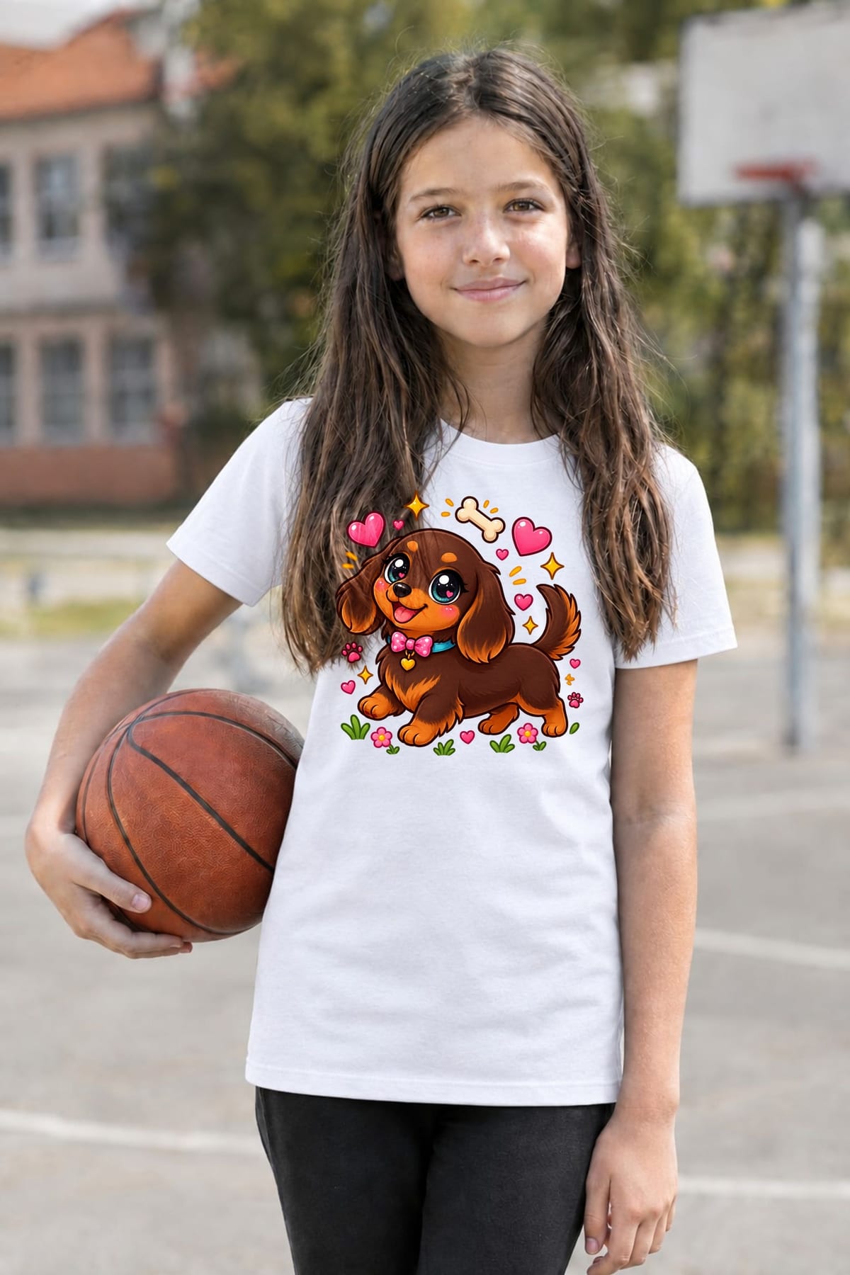 Koszulka z jamnikiem dla dziewczynki biała słodki styl kawaii, zdjęcie 5