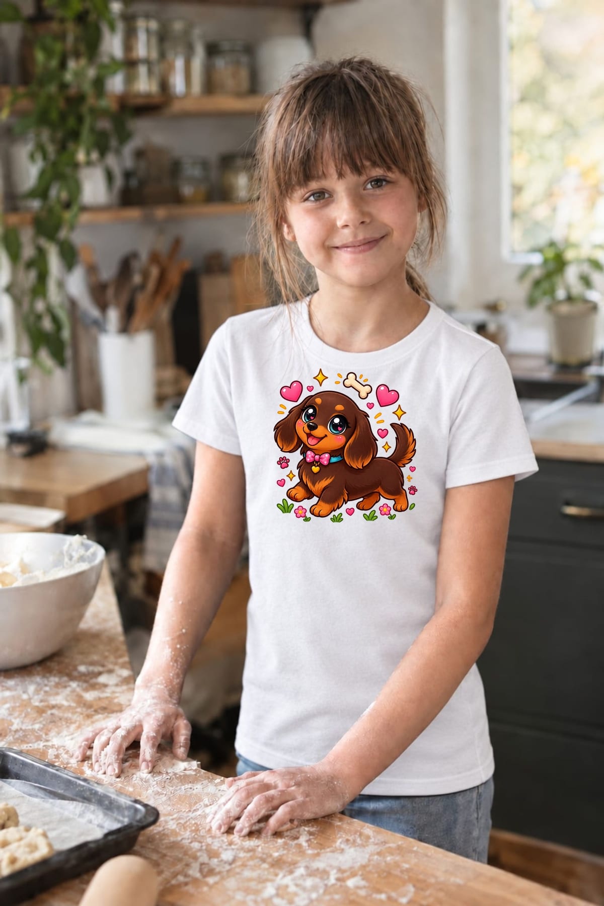 Koszulka z jamnikiem dla dziewczynki biała słodki styl kawaii, zdjęcie 8
