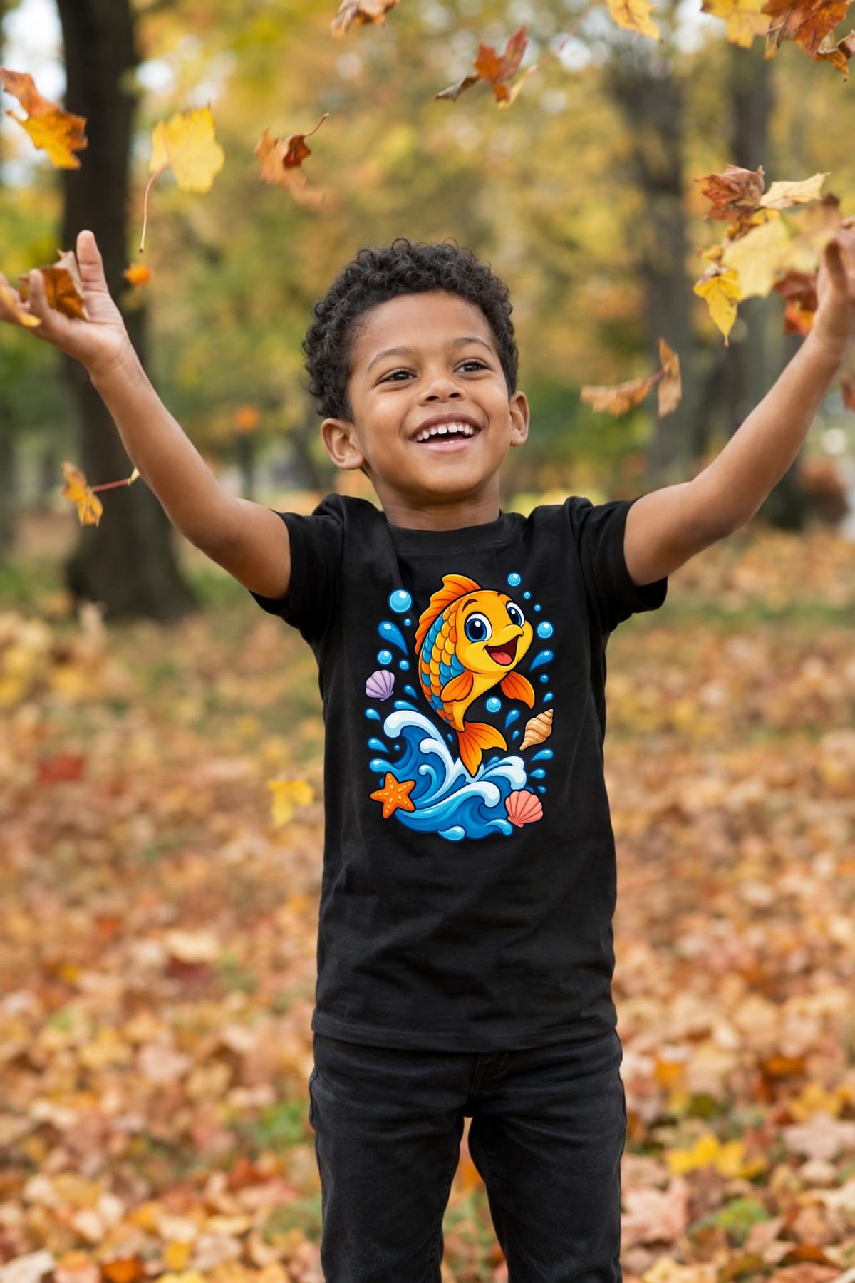 Koszulka z rybą dla chłopca czarna wesoła bajkowa scena, zdjęcie 7
