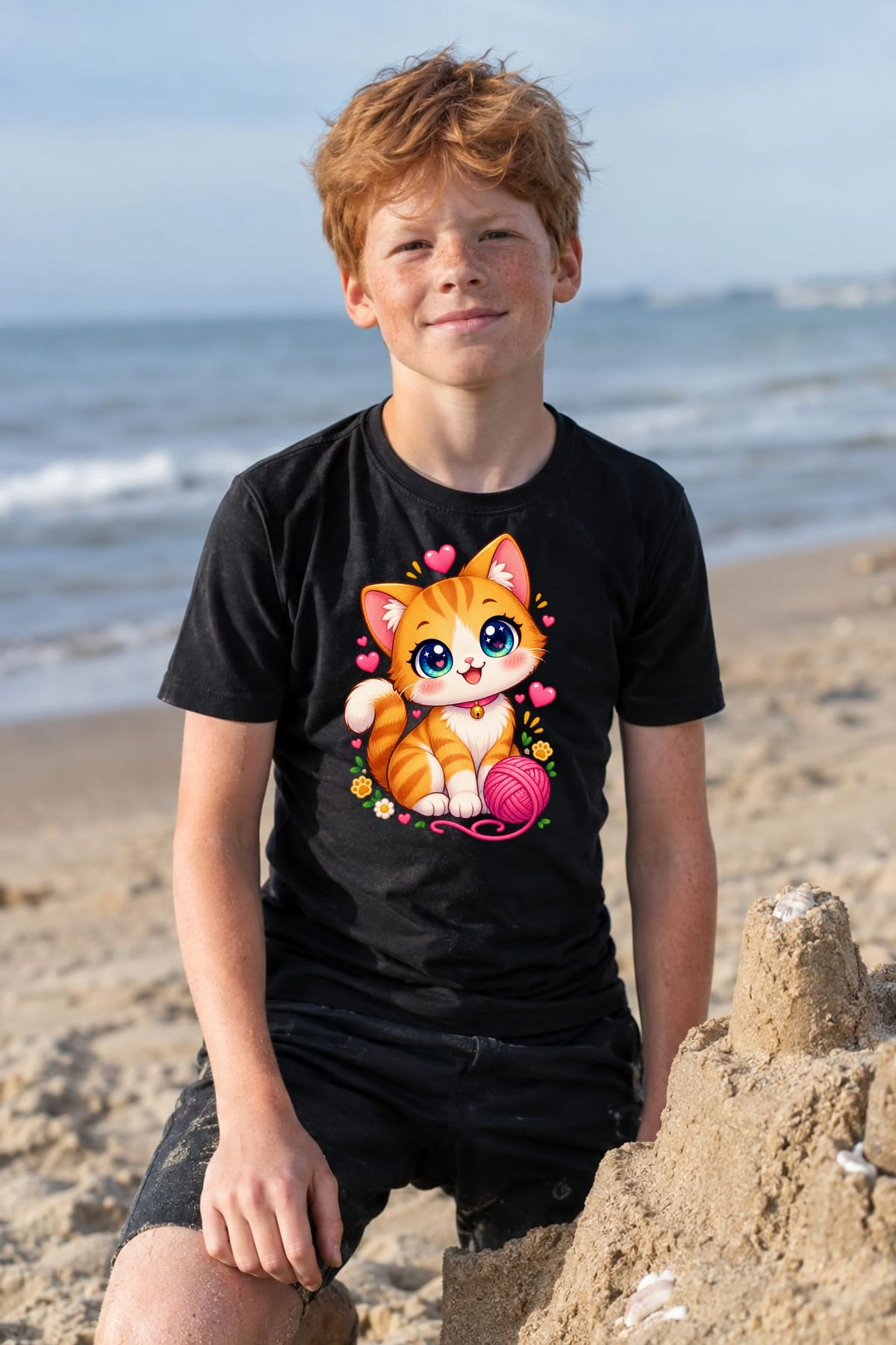 Koszulka z kotem dla chłopca czarna słodki styl kawaii, zdjęcie 5