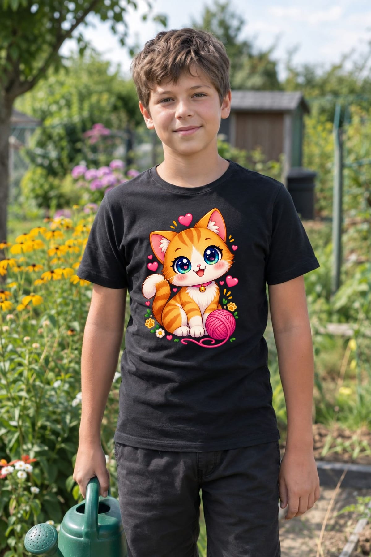 Koszulka z kotem dla chłopca czarna słodki styl kawaii, zdjęcie 7