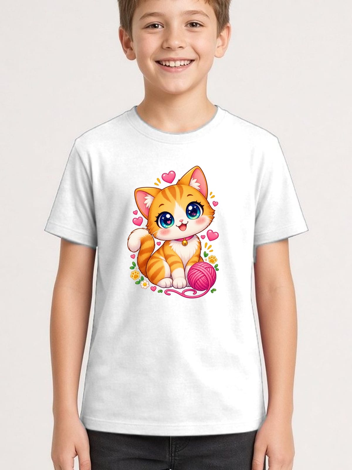 Koszulka z kotem dla chłopca biała słodki styl kawaii, zdjęcie 1