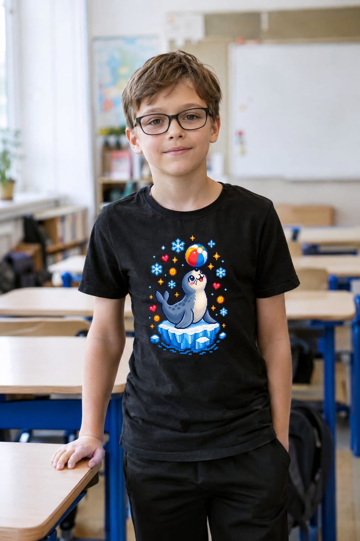 Koszulka z foką dla chłopca czarna pixel art dla dzieci, zdjęcie 3