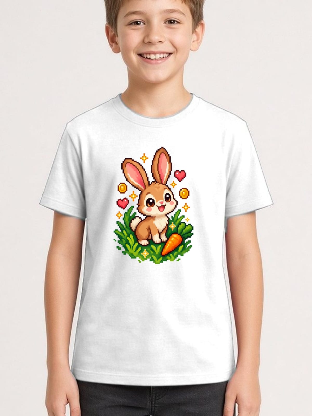Koszulka dla chłopca z zającem biała pixel art w stylu retro gry, zdjęcie 1