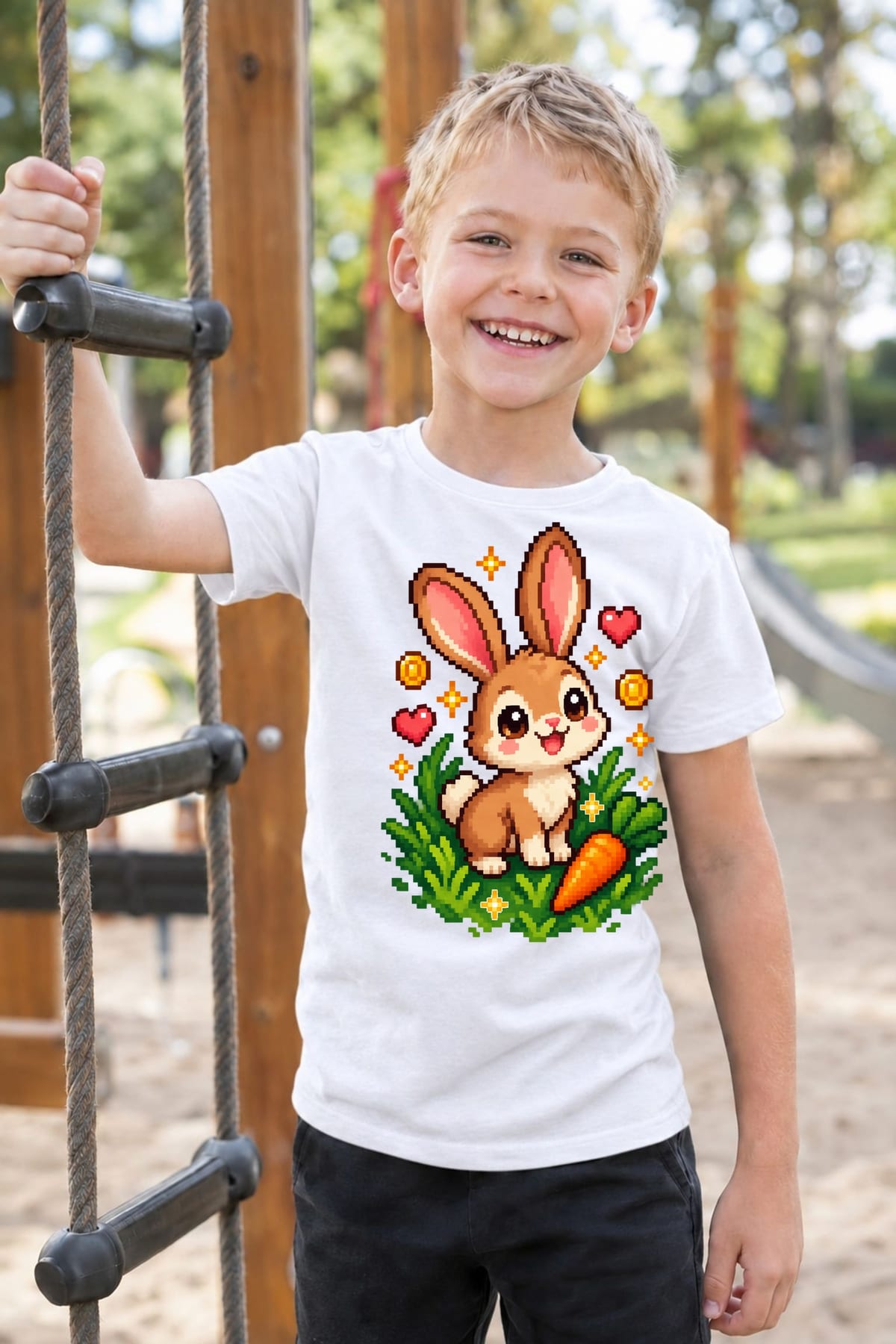 Koszulka dla chłopca z zającem biała pixel art w stylu retro gry, zdjęcie 3