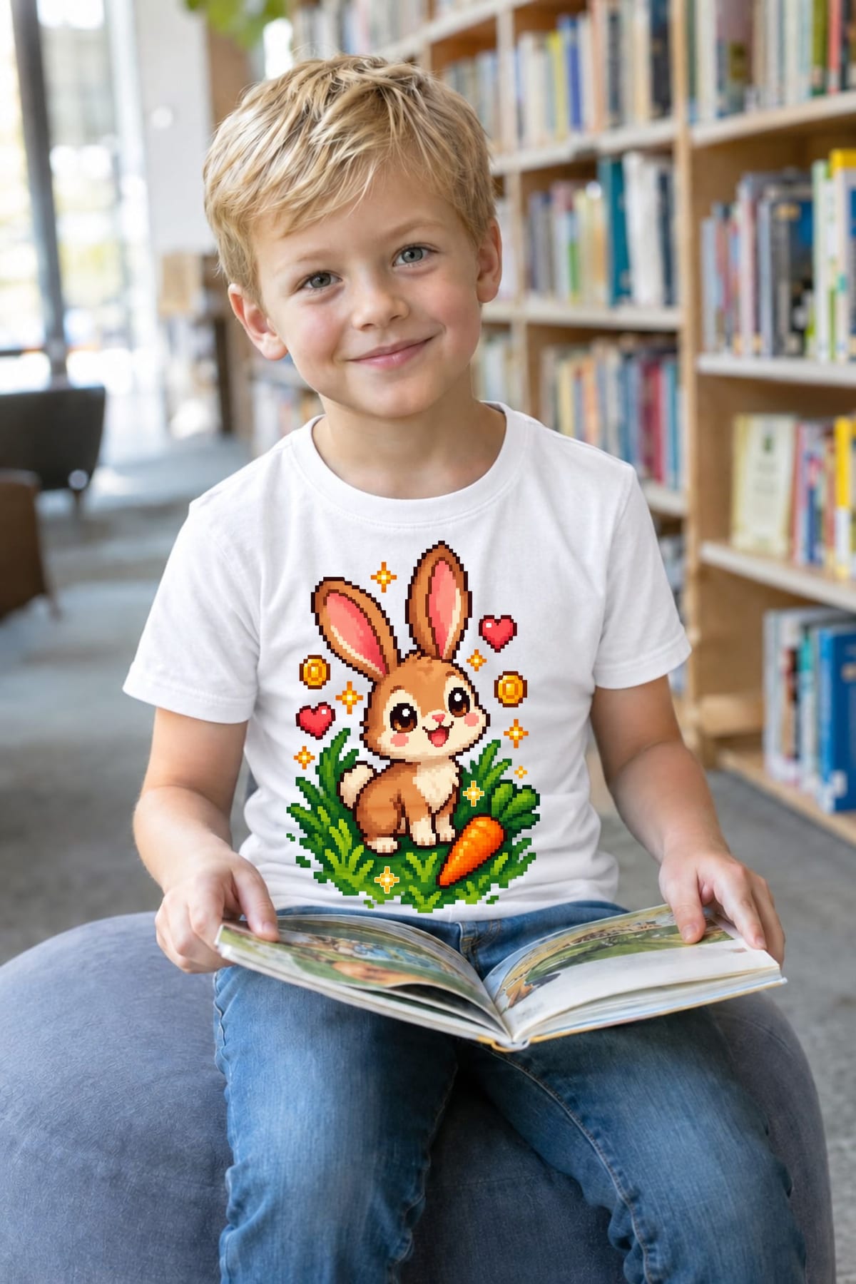 Koszulka dla chłopca z zającem biała pixel art w stylu retro gry, zdjęcie 5