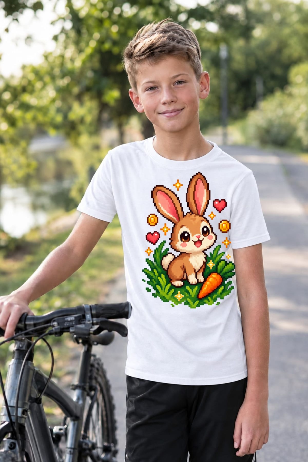 Koszulka dla chłopca z zającem biała pixel art w stylu retro gry, zdjęcie 6