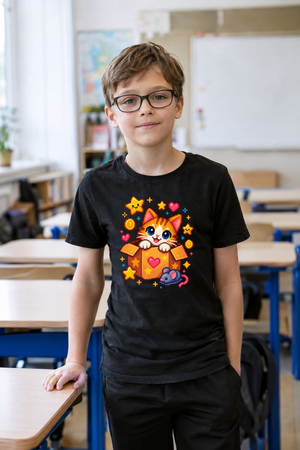Koszulka z kotem pixel art dla chłopca czarna klocki pixel art, zdjęcie 8