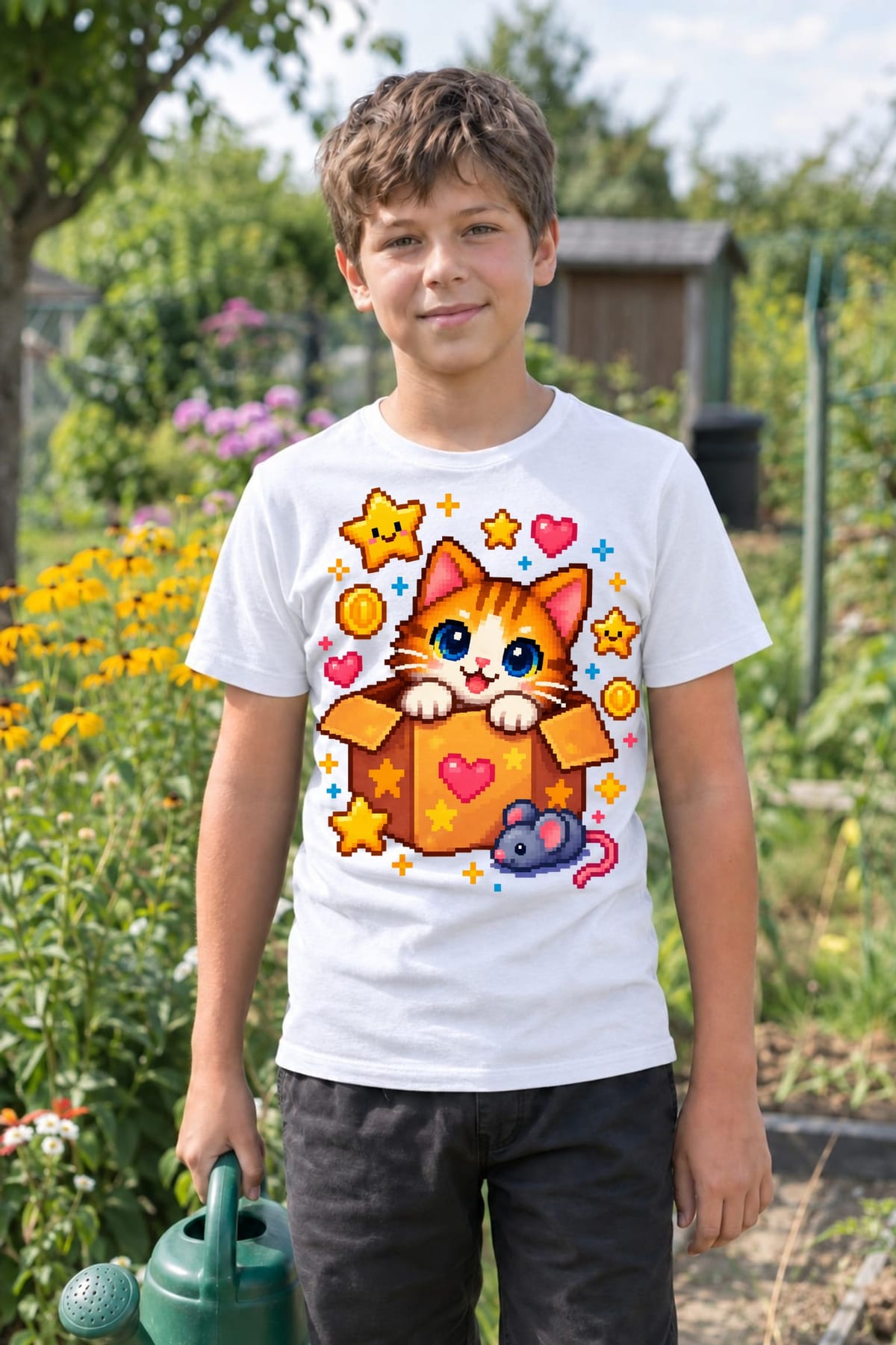 Koszulka z kotem pixel art dla chłopca biała klocki pixel art, zdjęcie 3