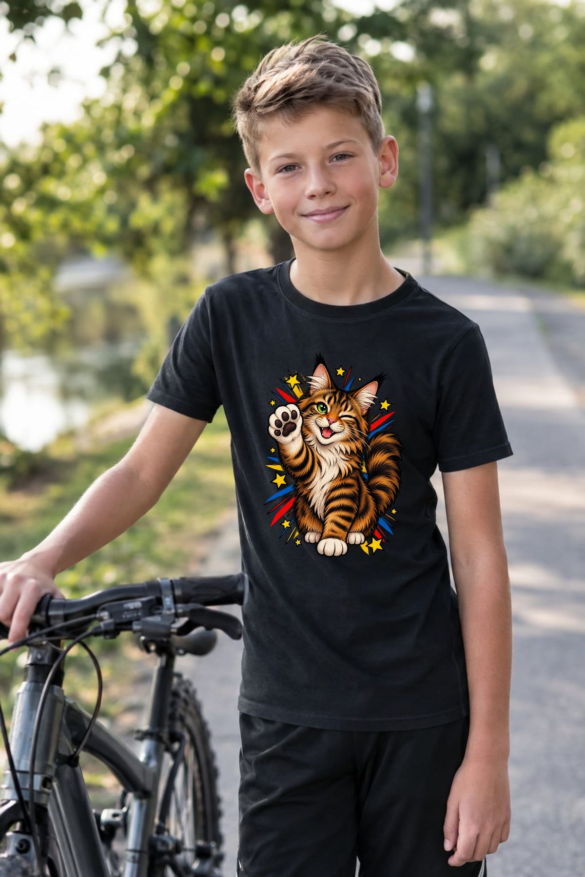 Koszulka z kotem maine coon dla chłopca czarna komiksowy styl, zdjęcie 7