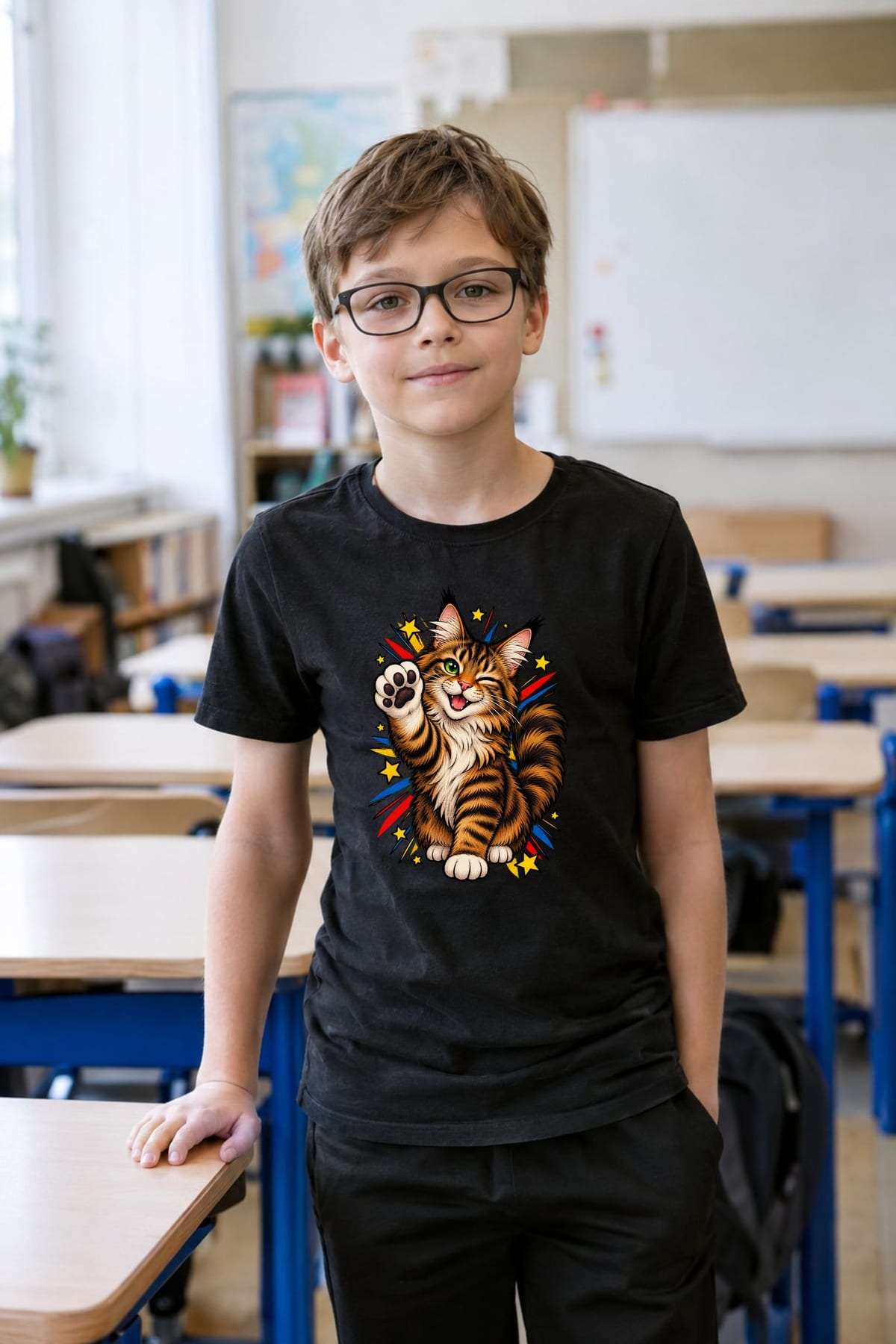 Koszulka z kotem maine coon dla chłopca czarna komiksowy styl, zdjęcie 8