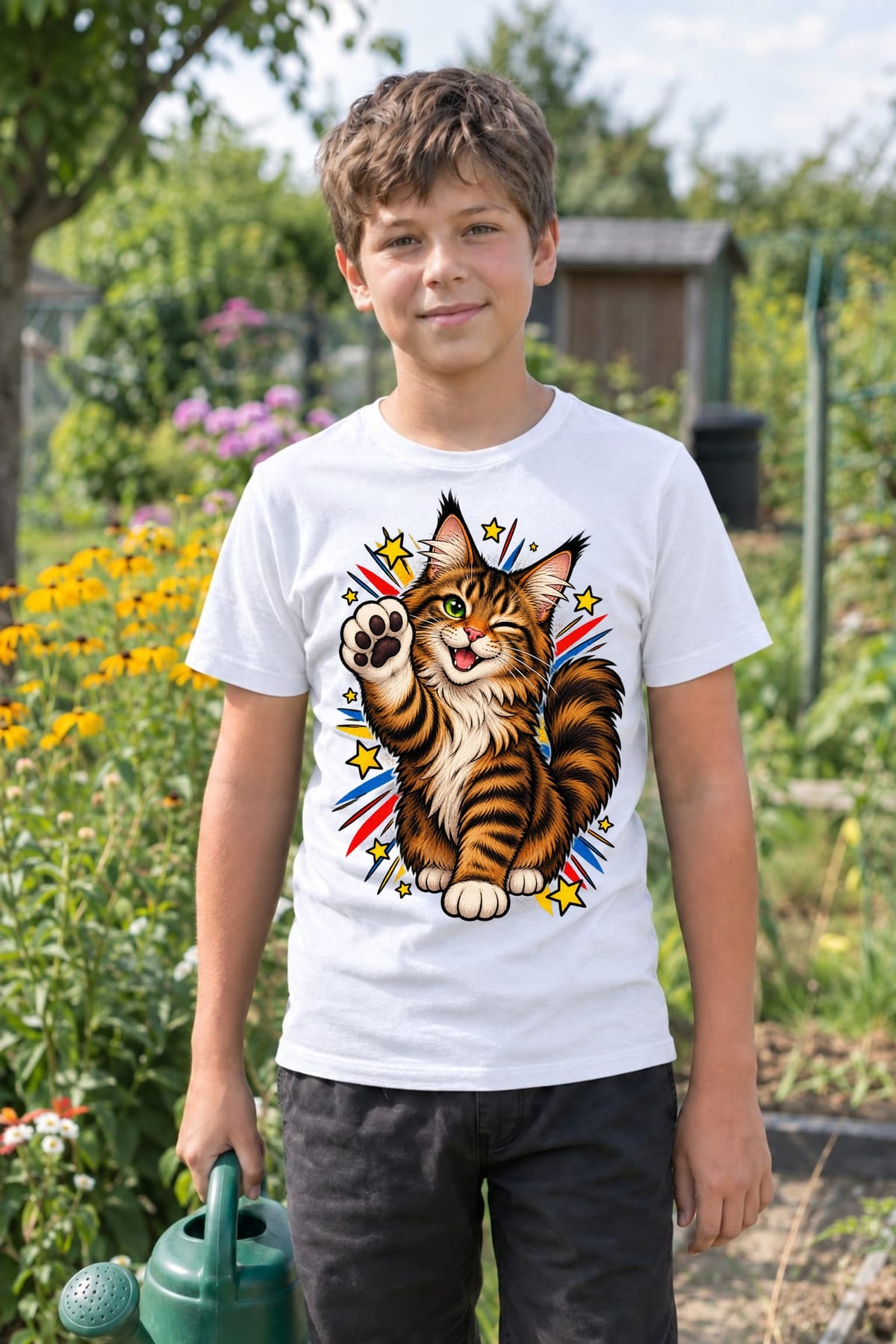 Koszulka z kotem maine coon dla chłopca biała komiksowy styl, zdjęcie 3