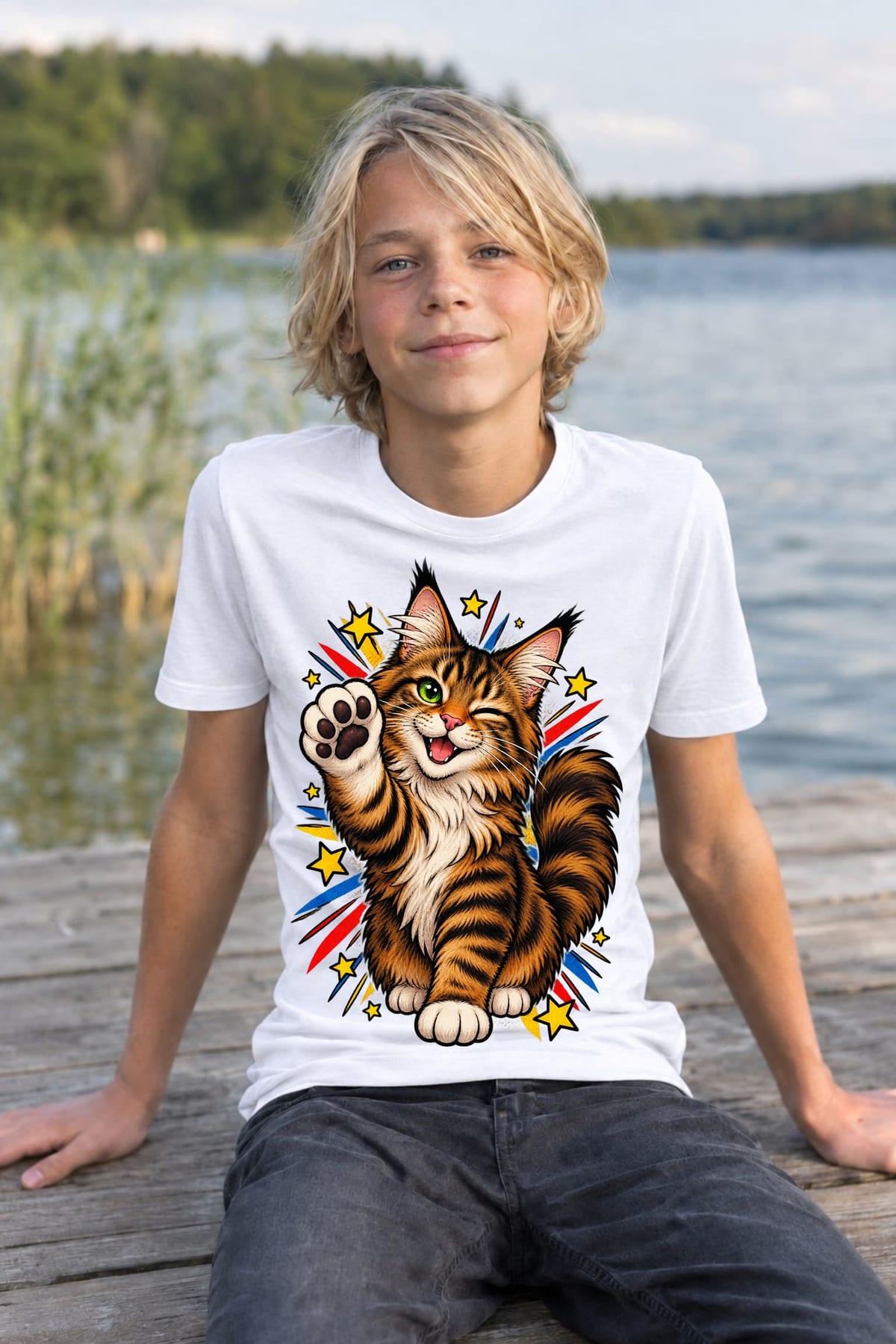 Koszulka z kotem maine coon dla chłopca biała komiksowy styl, zdjęcie 5