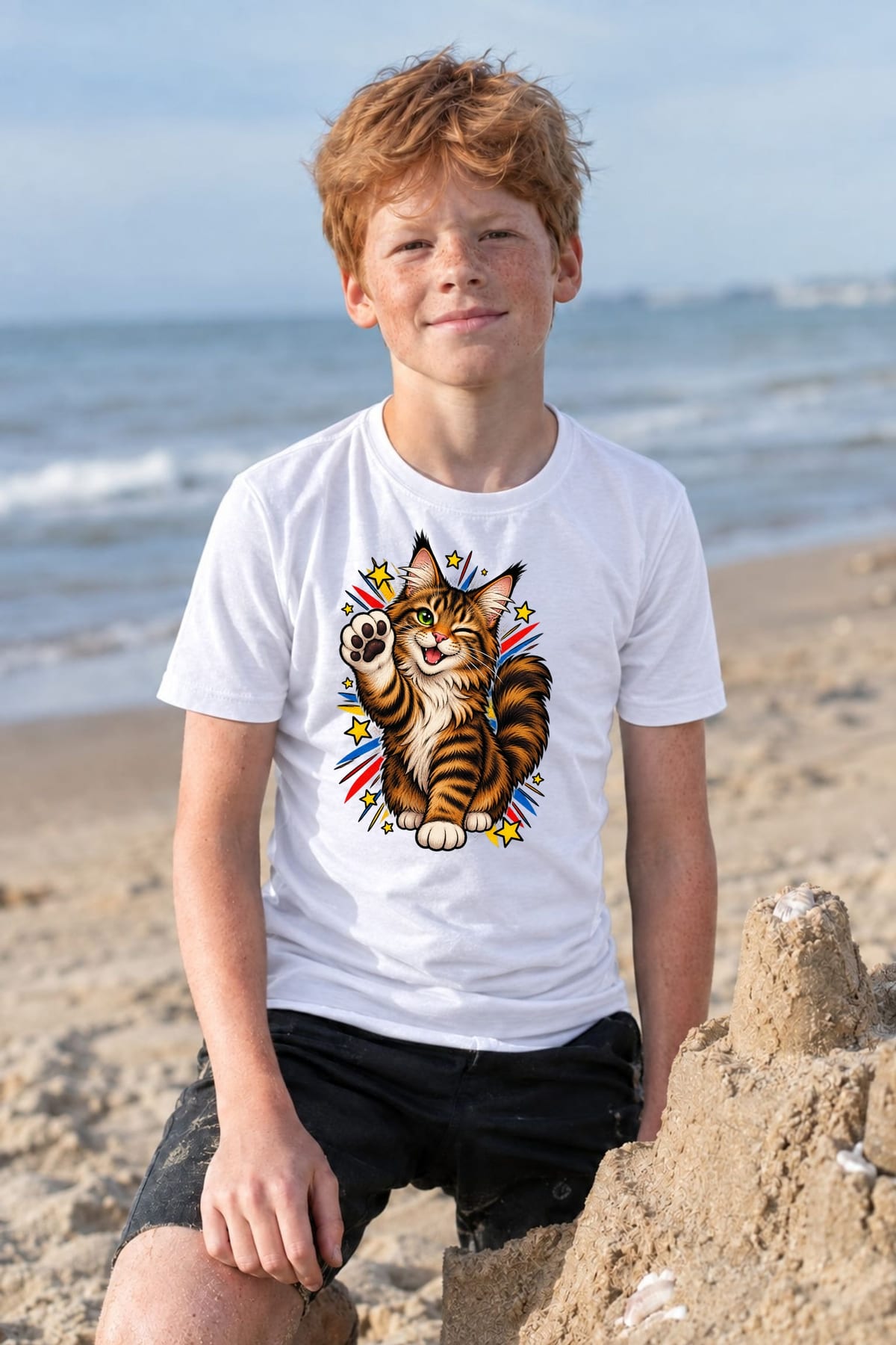 Koszulka z kotem maine coon dla chłopca biała komiksowy styl, zdjęcie 6