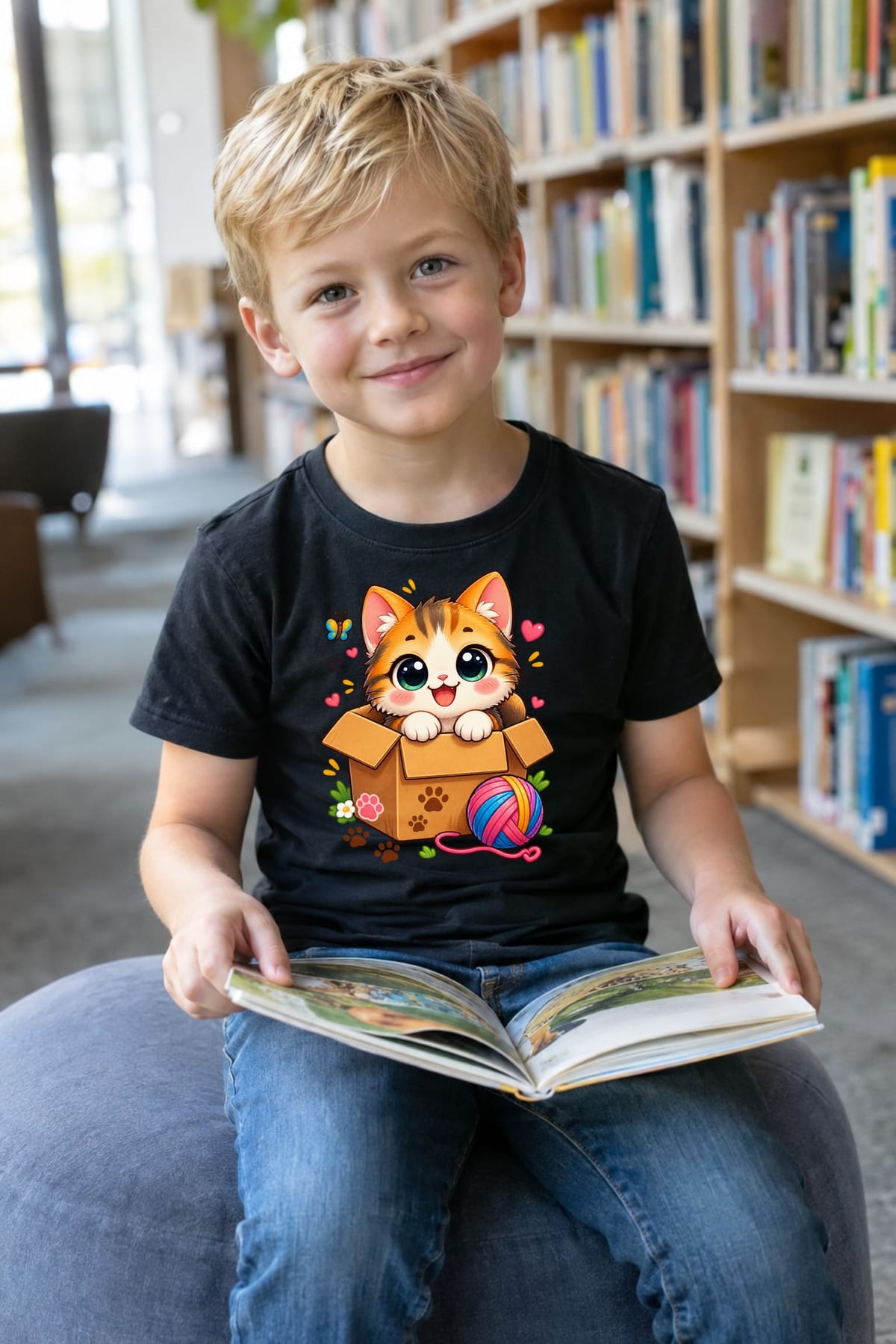 Koszulka z kotem w pudełku dla chłopca czarna słodki styl kawaii, zdjęcie 4
