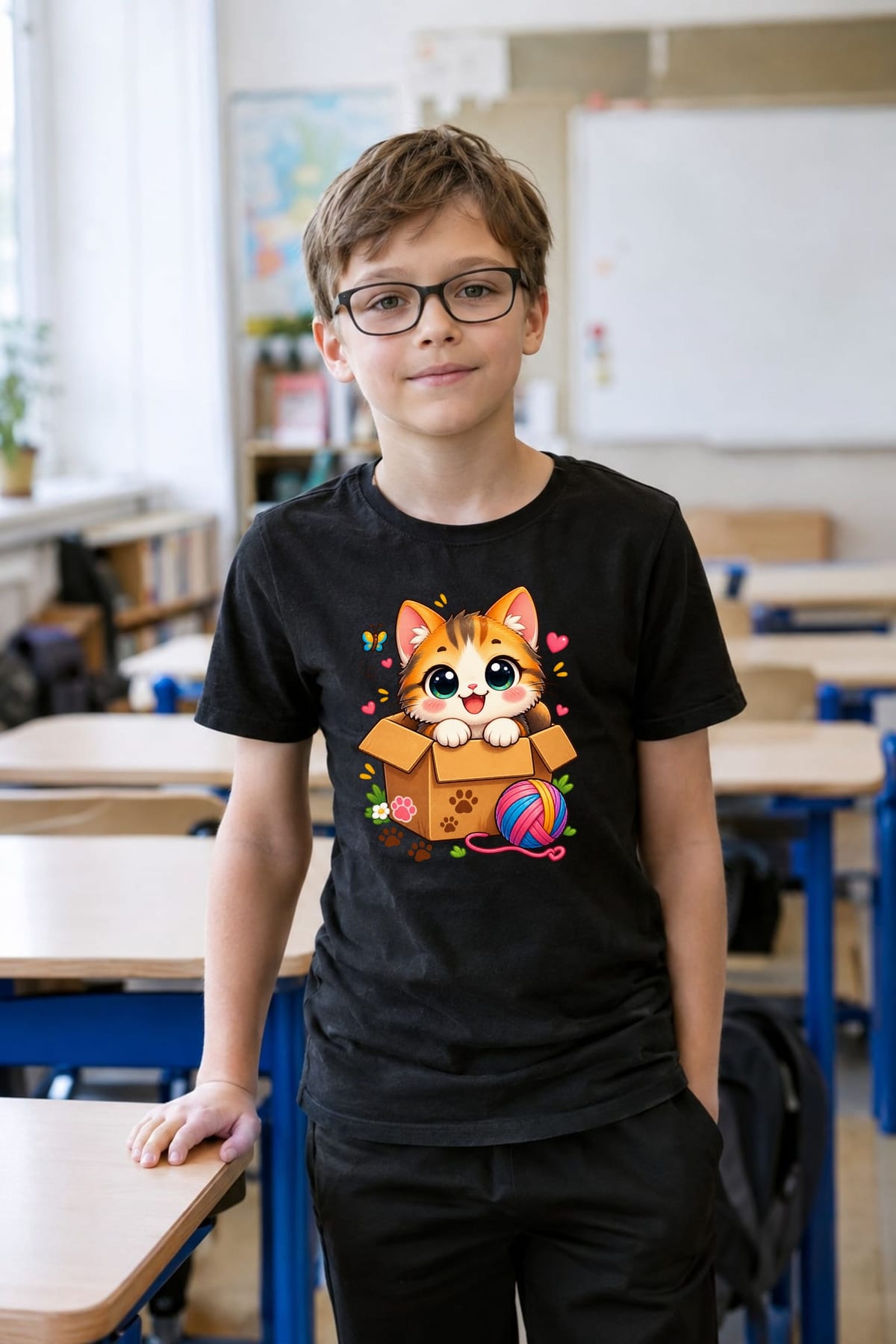 Koszulka z kotem w pudełku dla chłopca czarna słodki styl kawaii, zdjęcie 7