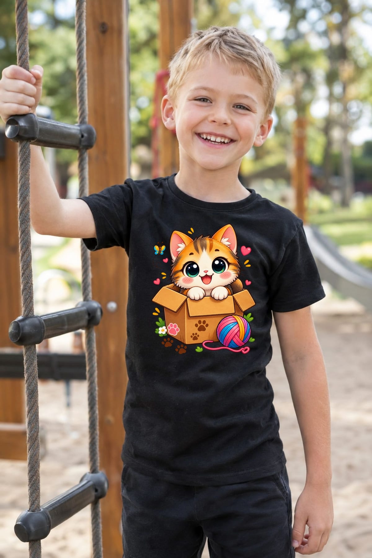 Koszulka z kotem w pudełku dla chłopca czarna słodki styl kawaii, zdjęcie 8