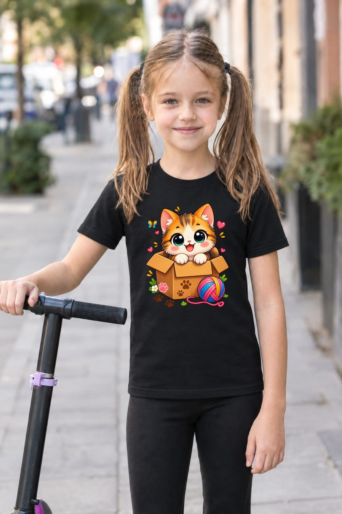 Koszulka z kotem w pudełku dla dziewczynki czarna słodki kawaii, zdjęcie 4