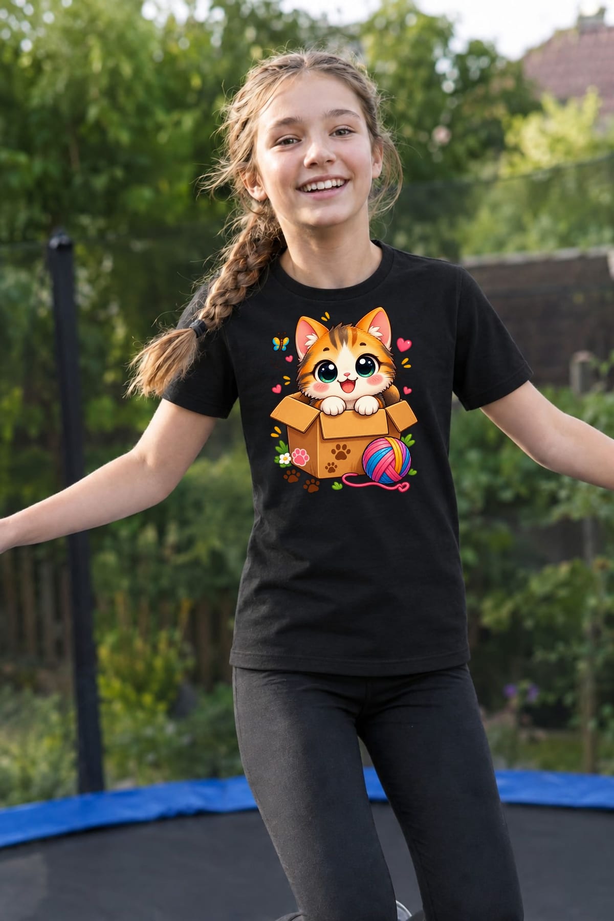 Koszulka z kotem w pudełku dla dziewczynki czarna słodki kawaii, zdjęcie 5