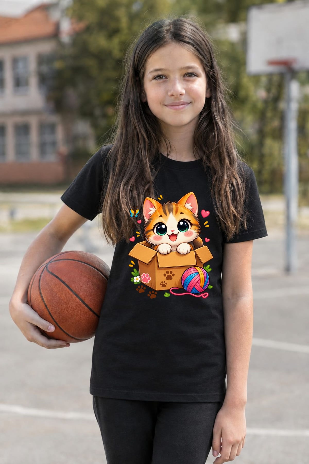 Koszulka z kotem w pudełku dla dziewczynki czarna słodki kawaii, zdjęcie 6