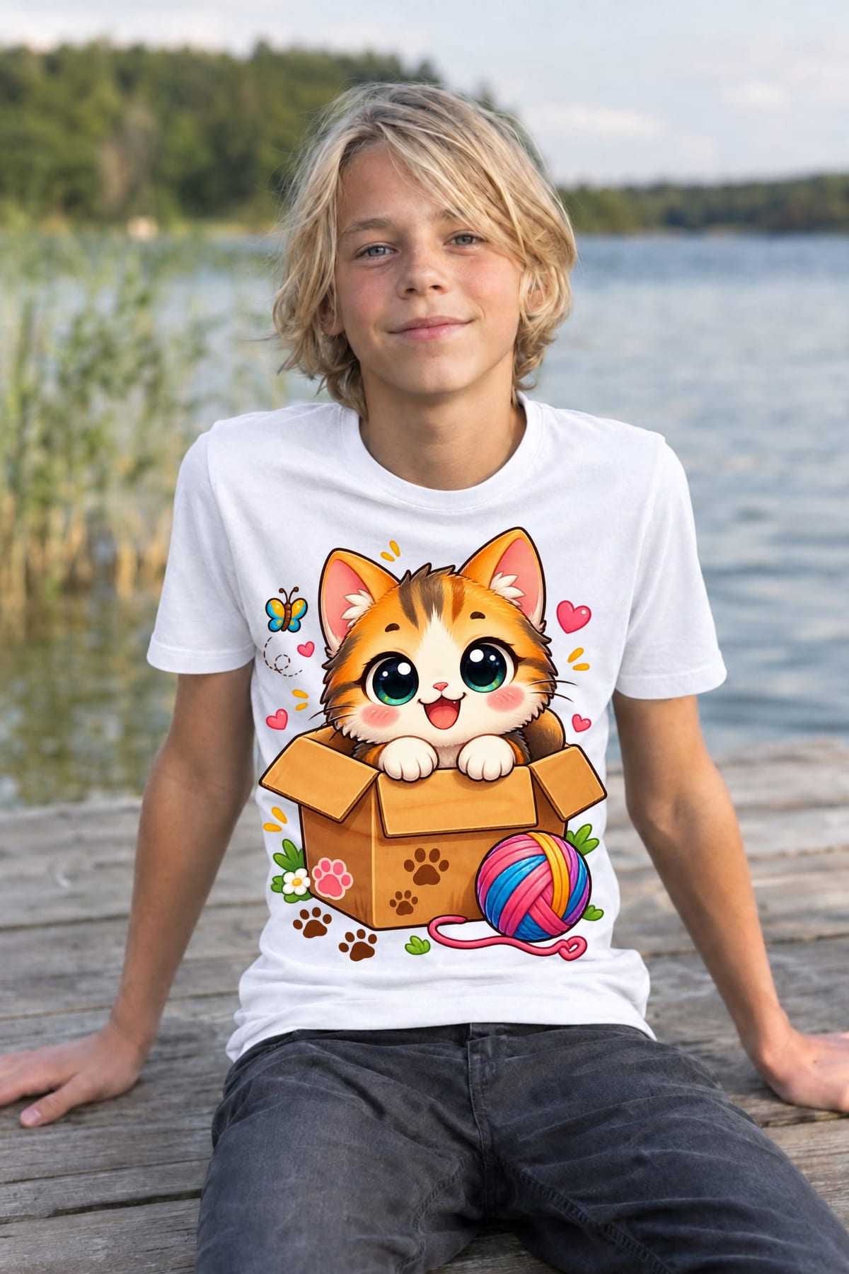 Koszulka z kotem w pudełku dla chłopca biała słodki styl kawaii, zdjęcie 4