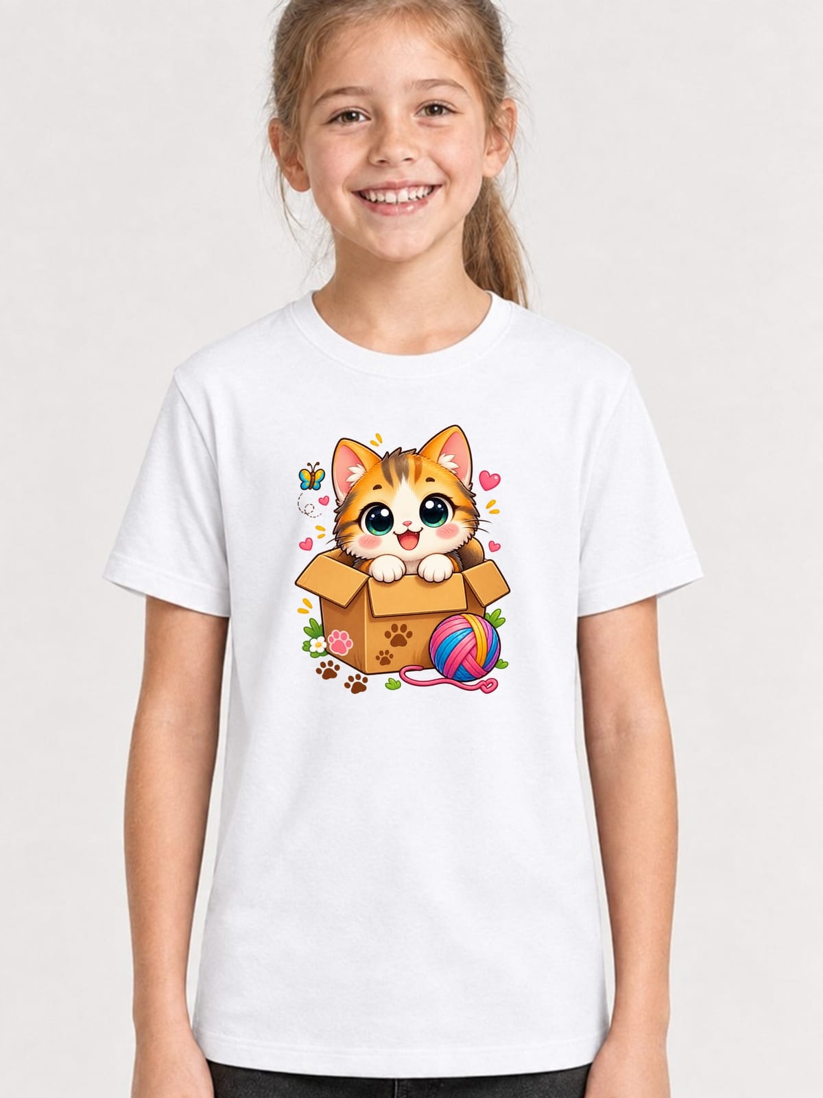 Koszulka z kotem w pudełku dla dziewczynki biała słodki kawaii, zdjęcie 1